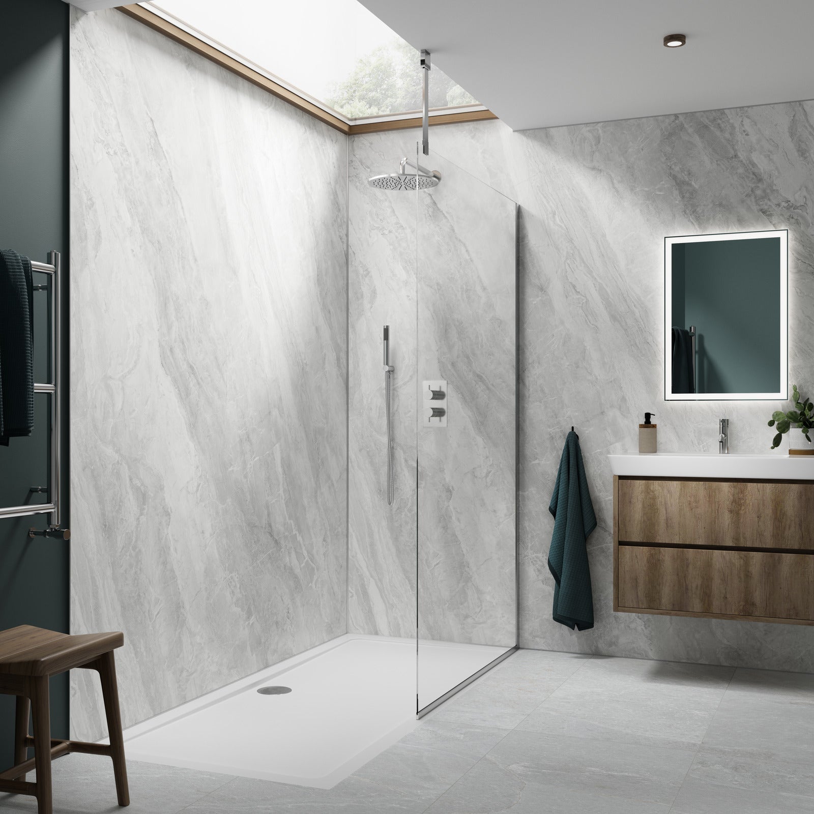 Modern bathroom in grey stone look shower panels, with shower enclosure, sink, and mirror.