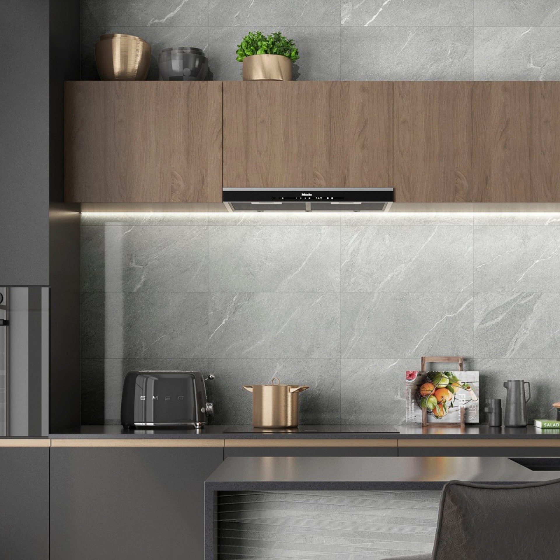 Modern kitchen with wooden cabinets, ash gloss grey stone effect backsplash, and stainless steel appliances.