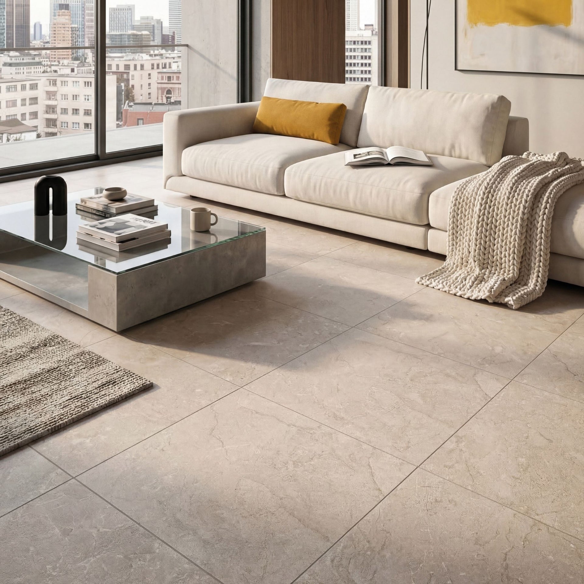 Modern living room with a sofa, coffee table, and large windows, on a pensford large format beige neutral stone effect textured tiles
