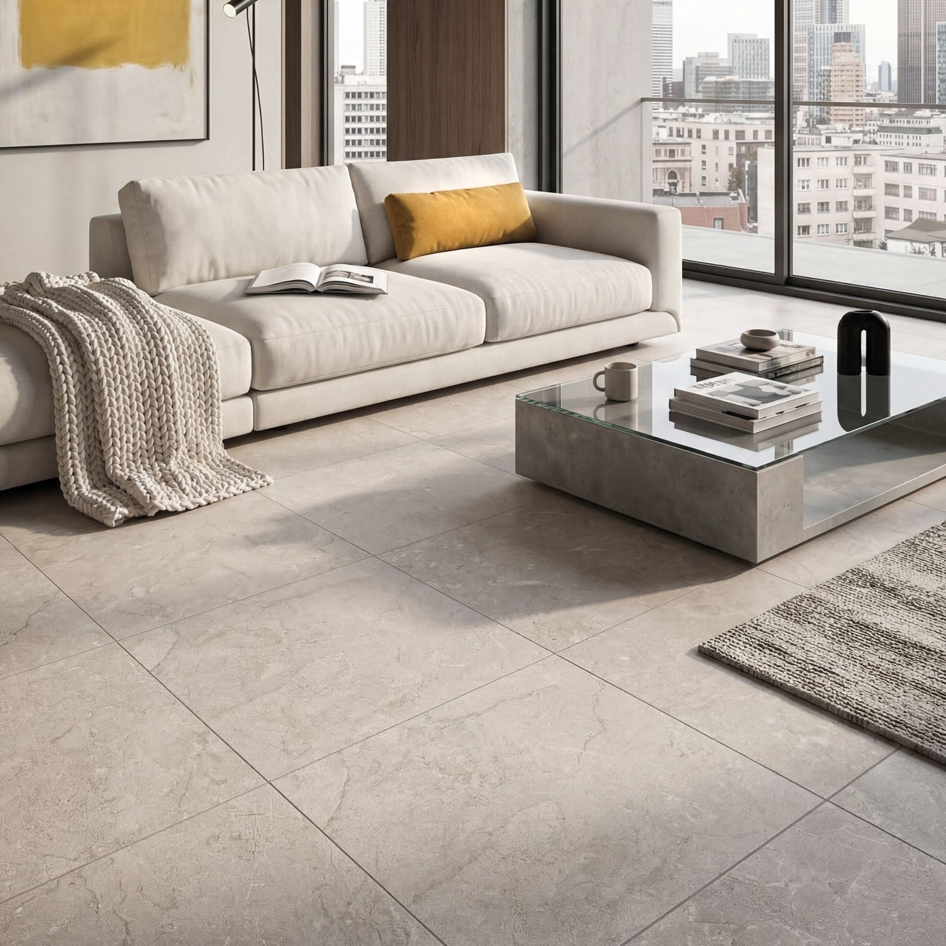 Modern living room with a sofa, coffee table, and large windows, on a pensford large format white stone effect textured tiles.