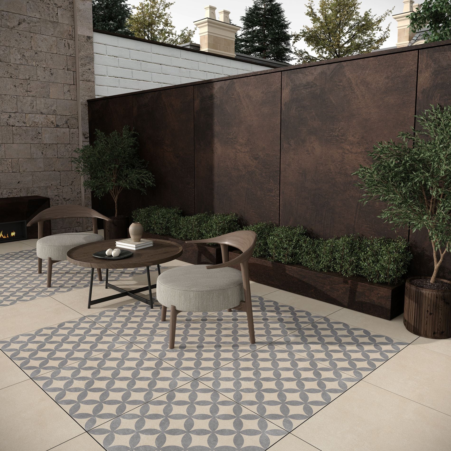outdoor patio with Bodrum flower beige grey geometric patterned tiles