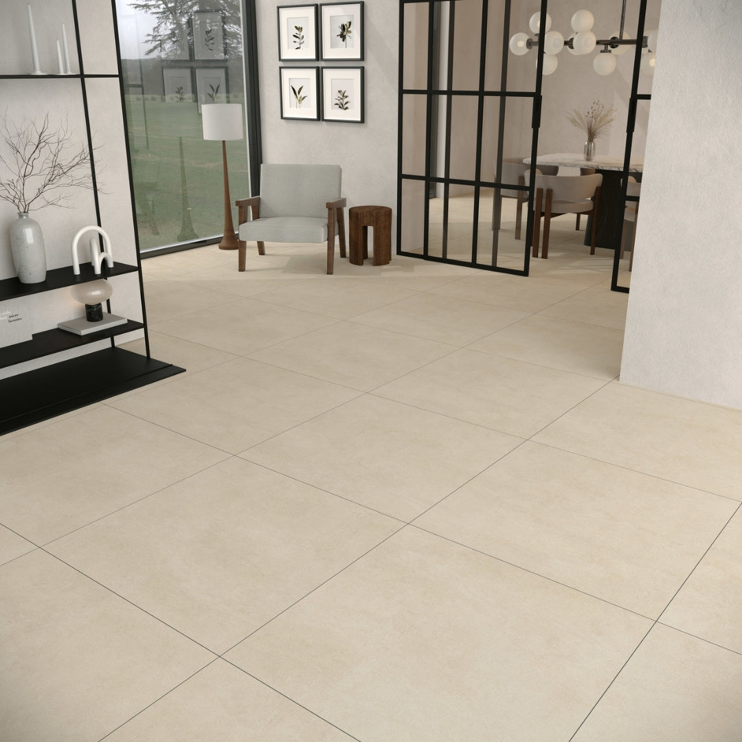 large square beige concrete effect tiles in an open plan room with modern decor