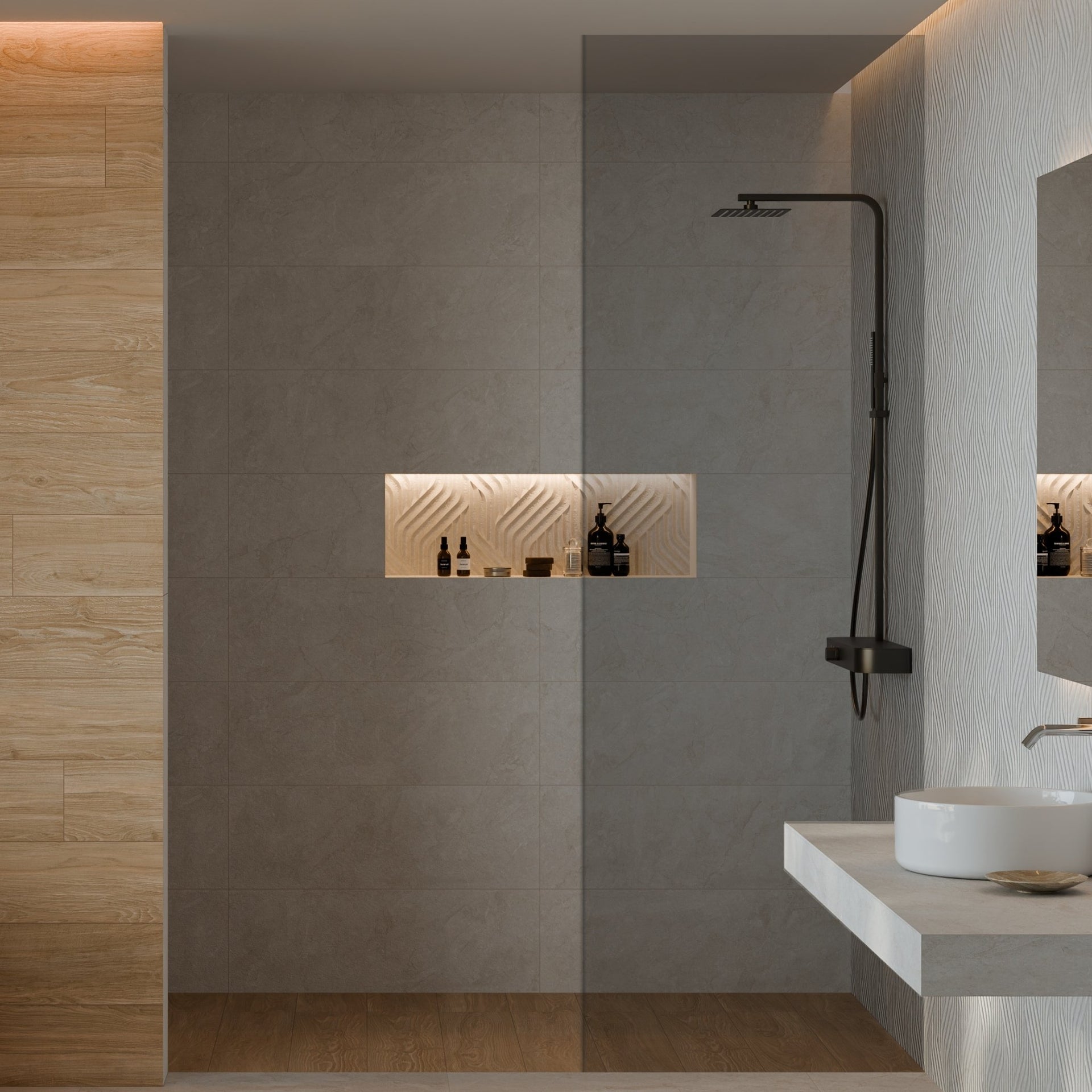 Pensford white stone-effect wall tiles on a modern bathroom with shower area and sink