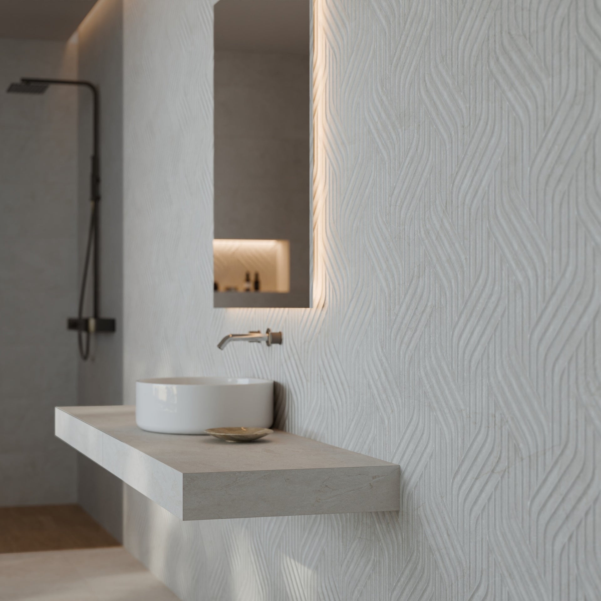 Modern bathroom with a floating sink, mirror, on a Pensford white wave textured wall tiles