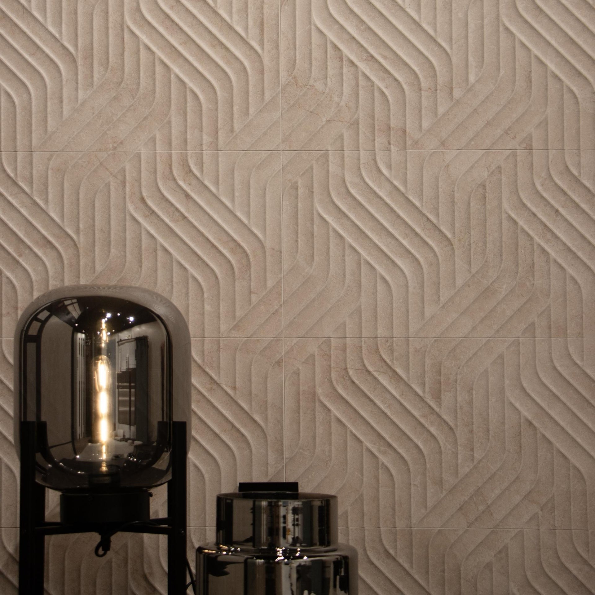 Pensford sand beige wave decor textured wall in kitchen coffee station setting