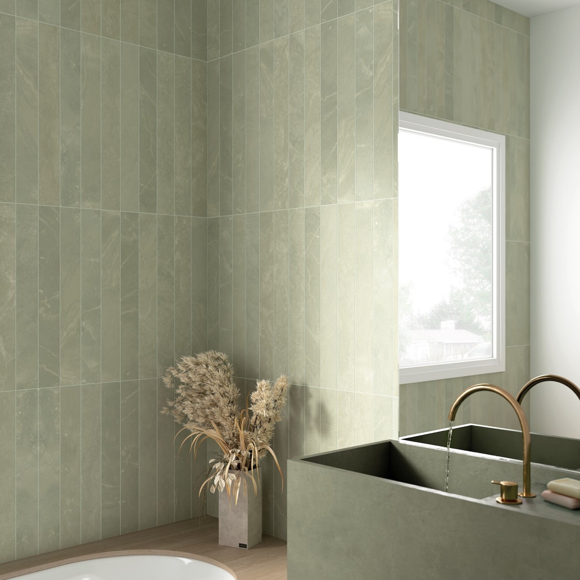 Modern bathroom with matt green toned metro tiles, a sink, and a window.