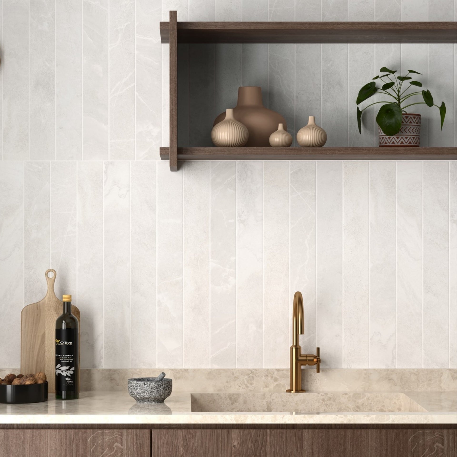 Modern kitchen with tiled wall, wooden shelf, and countertop items.
