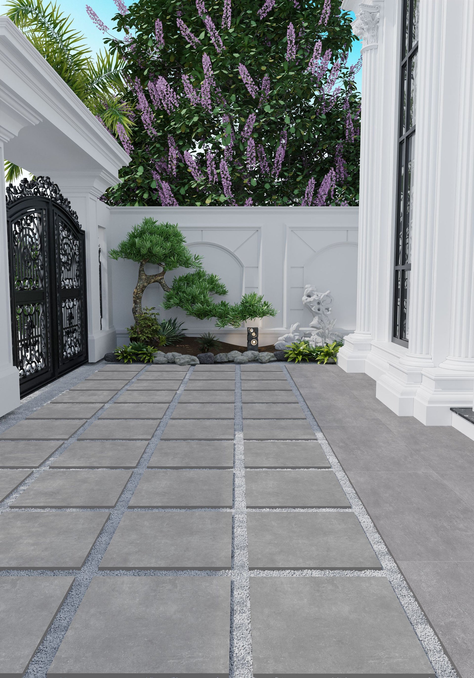 porch with bodrum silver stone-effect outdoor tiles laid out as stone path