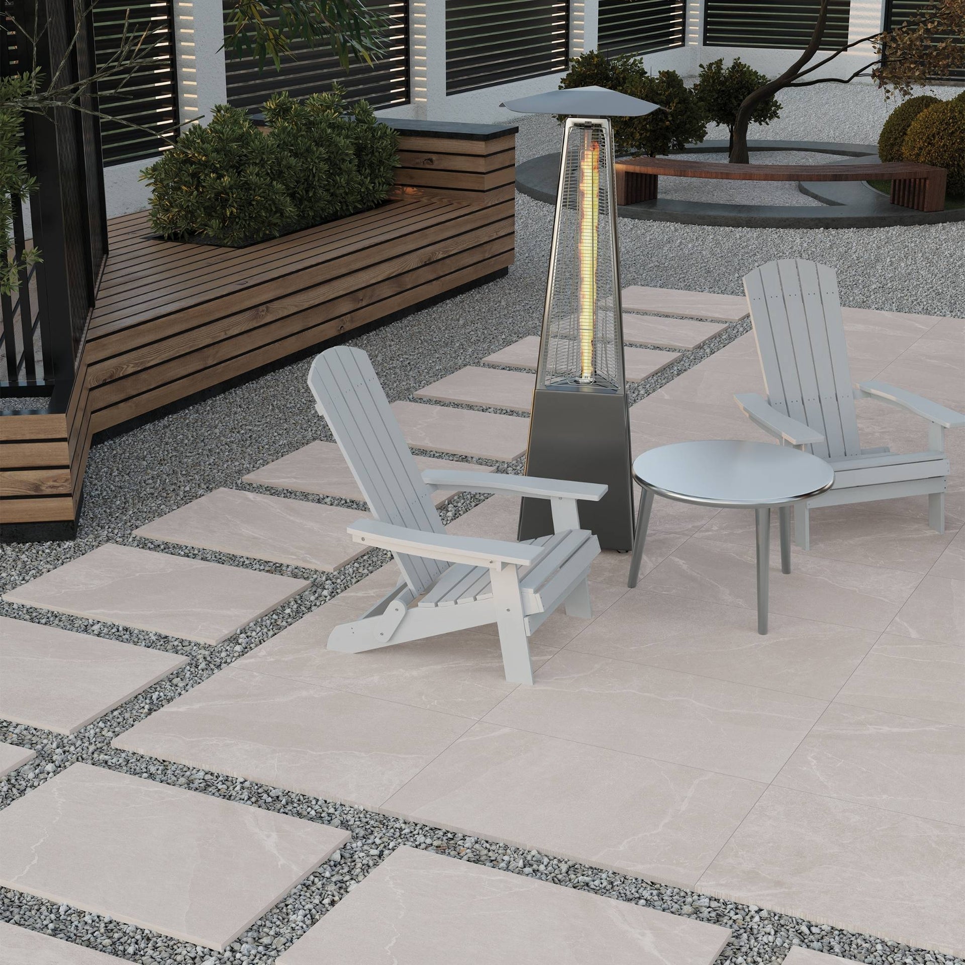 Outdoor patio with Bradden white stone-effect tiles as pavement, some white chairs and silver coffee table