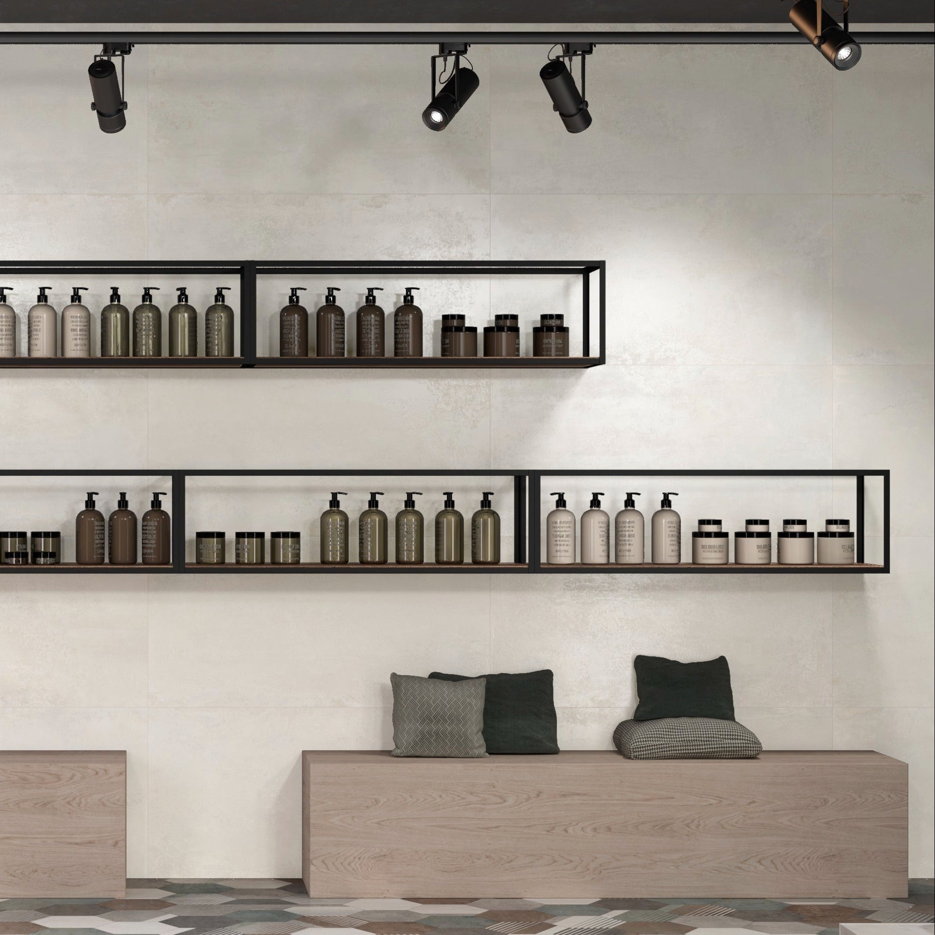 Shelves with bottles on a wall in a modern interior setting