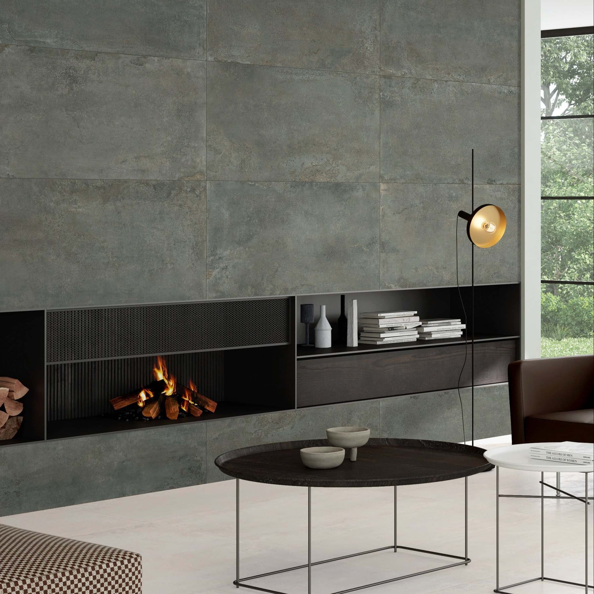 Modern living room with emerald green stone effect wall tiles, a fireplace, coffee table, and decorative items - layout-living-space