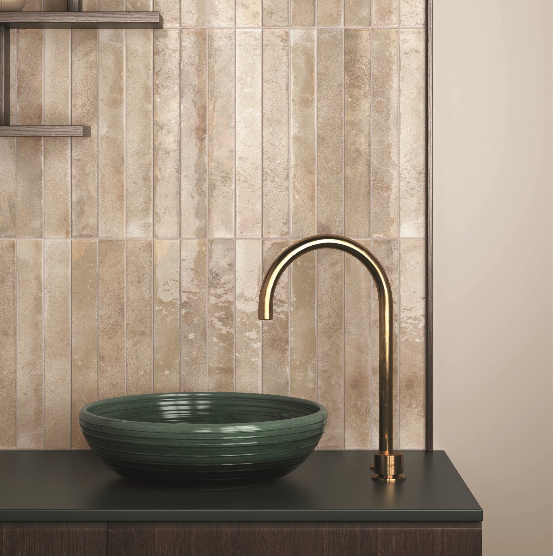 A glossy finish ceramic tile in an almond brown, almost beige shade, installed on a wall with a modern style bathroom sink and gold faucet.

layout-bathroom