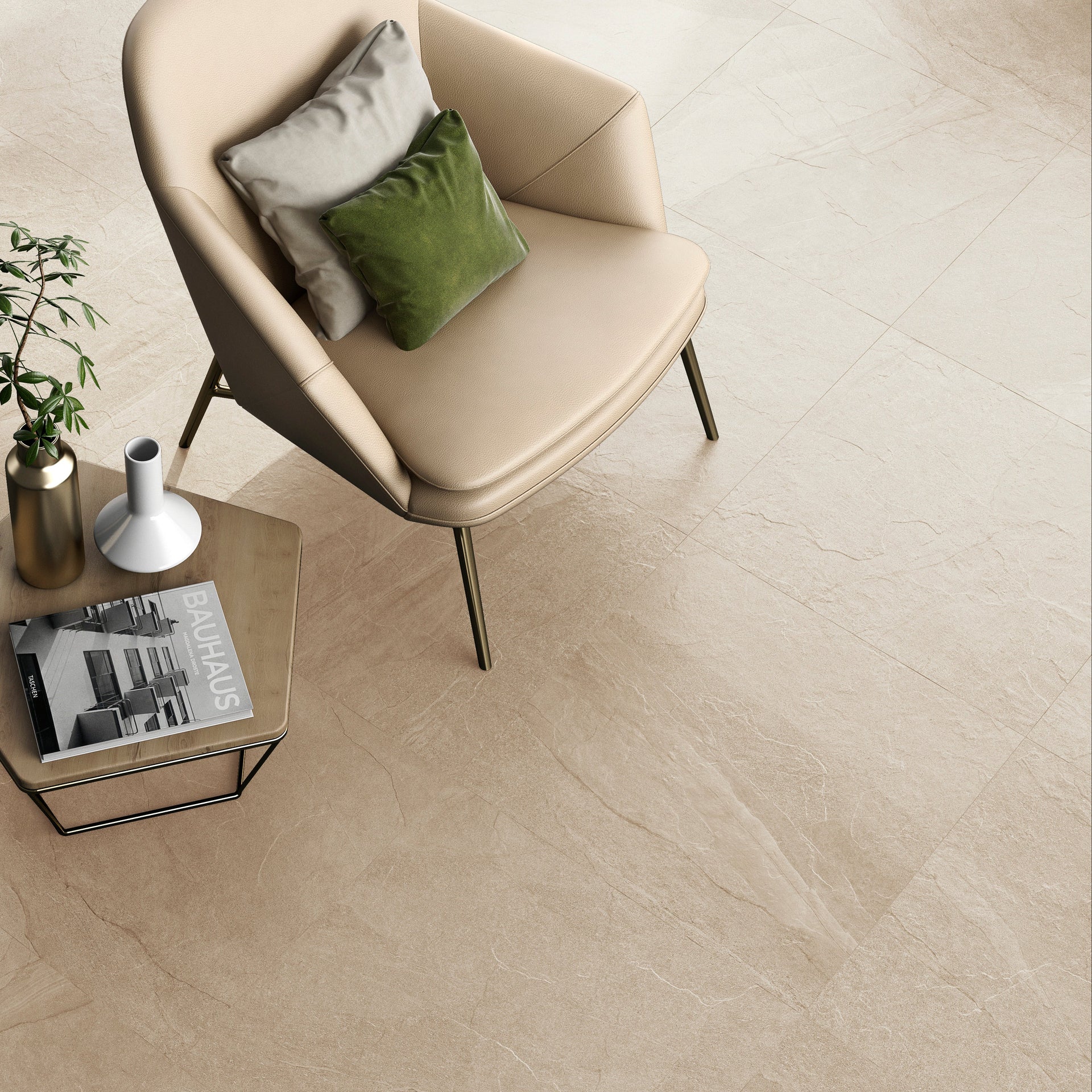 Beige tiled floor with a modern chair and small table.