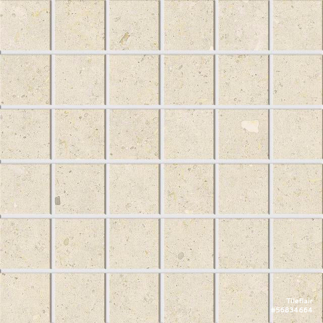 A grid of square white mosaic tiles with a stone effect, intended for use in bathrooms and kitchens.