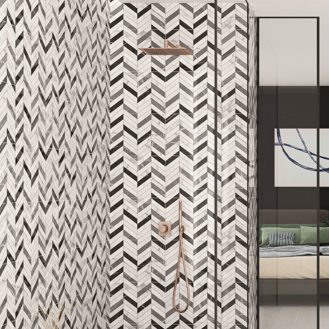 A room showcasing Fontwell Carrara White Geo Decor tiles with a geometric pattern used for wall tiling in a contemporary style bathroom.