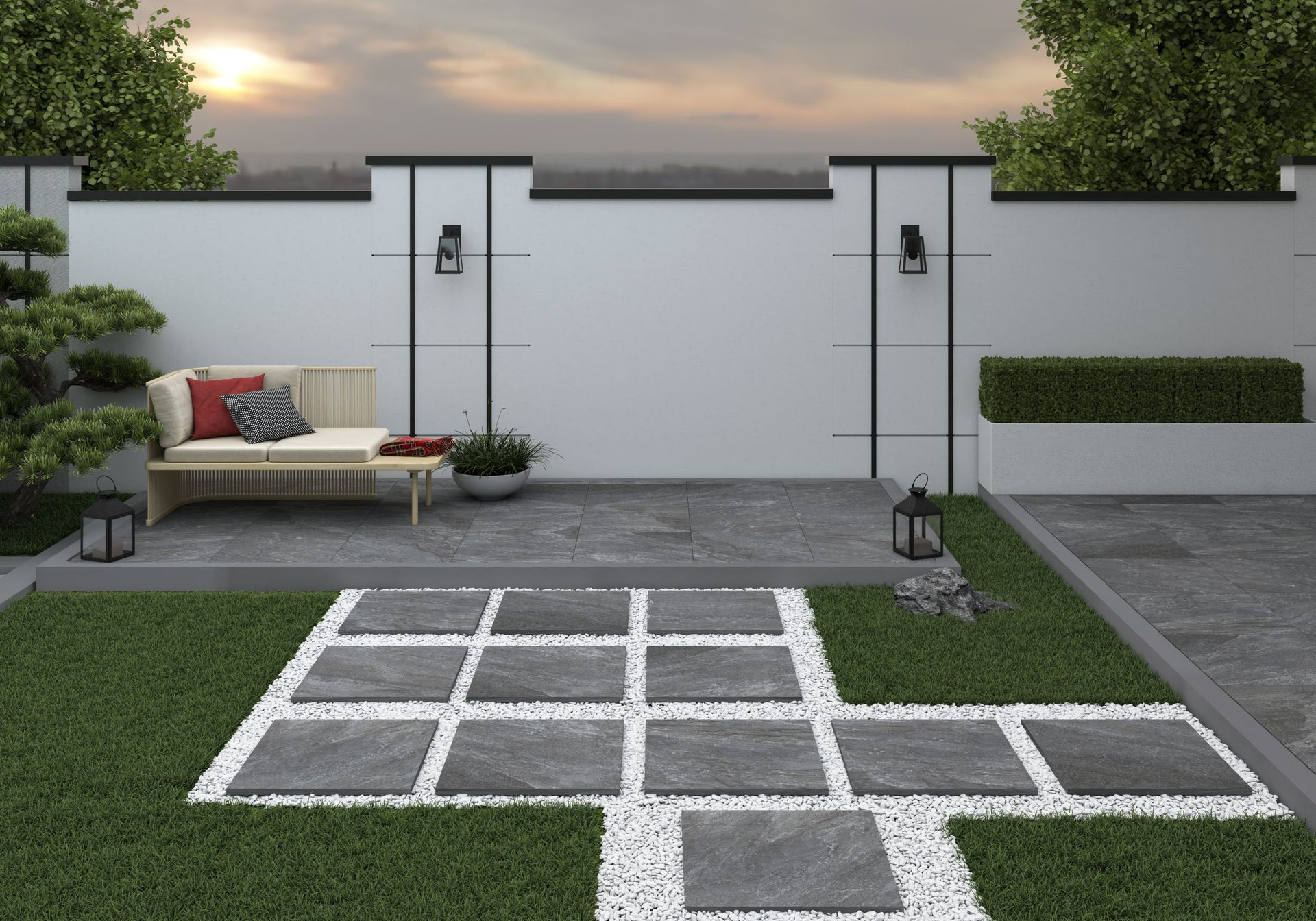 Modern garden design with a patio, seating area, and decorative elements.