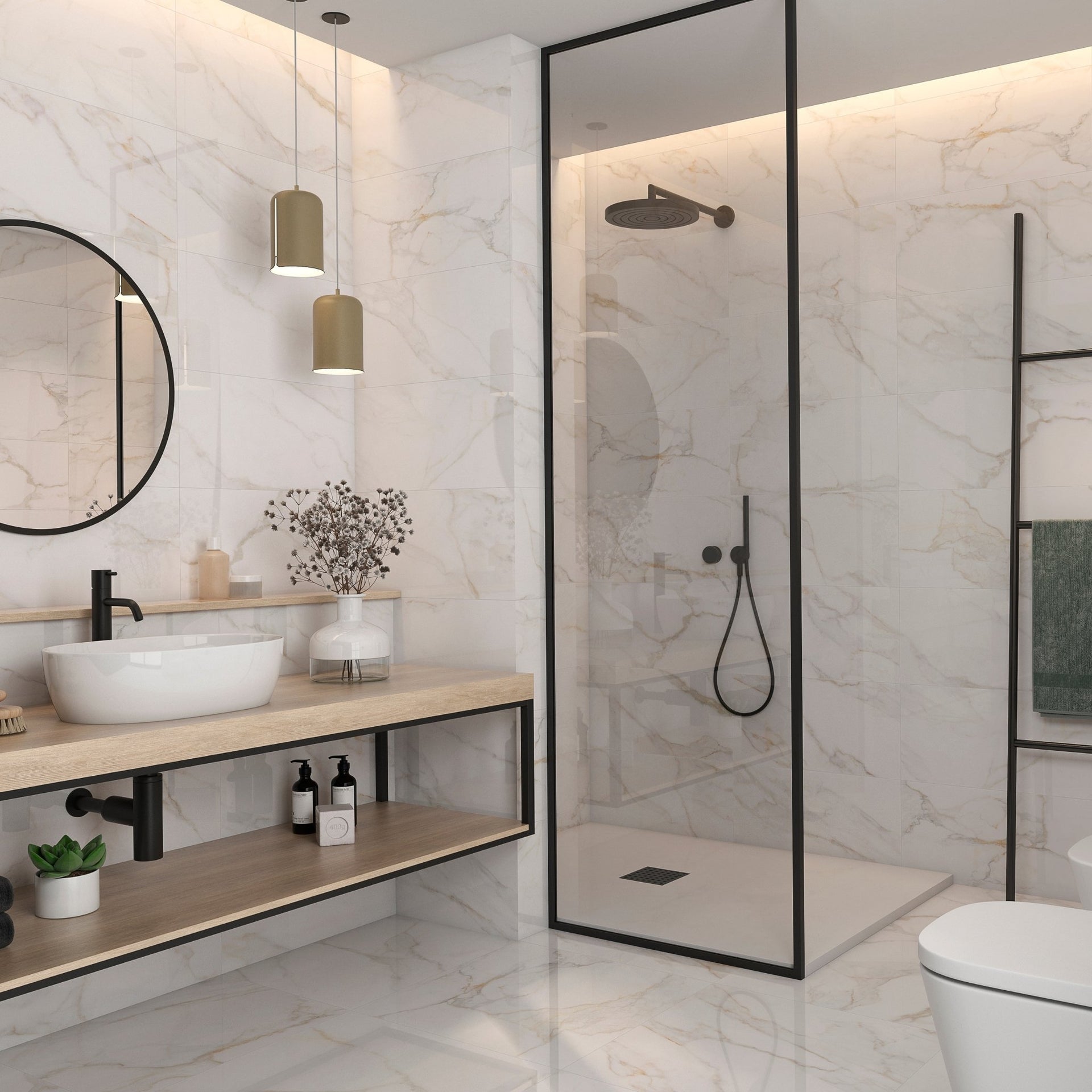 Modern bathroom with grey and gold over white marble effect wall tiles, a shower, toilet, and vanity area.