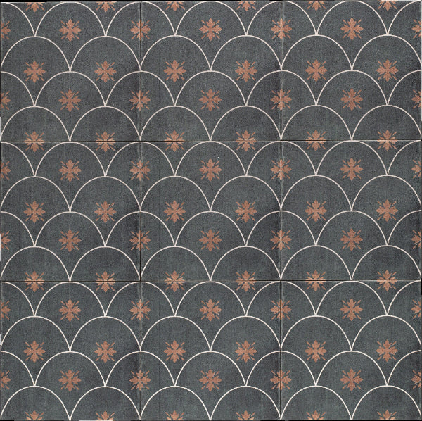 Patterned tile with geometric design on a dark background