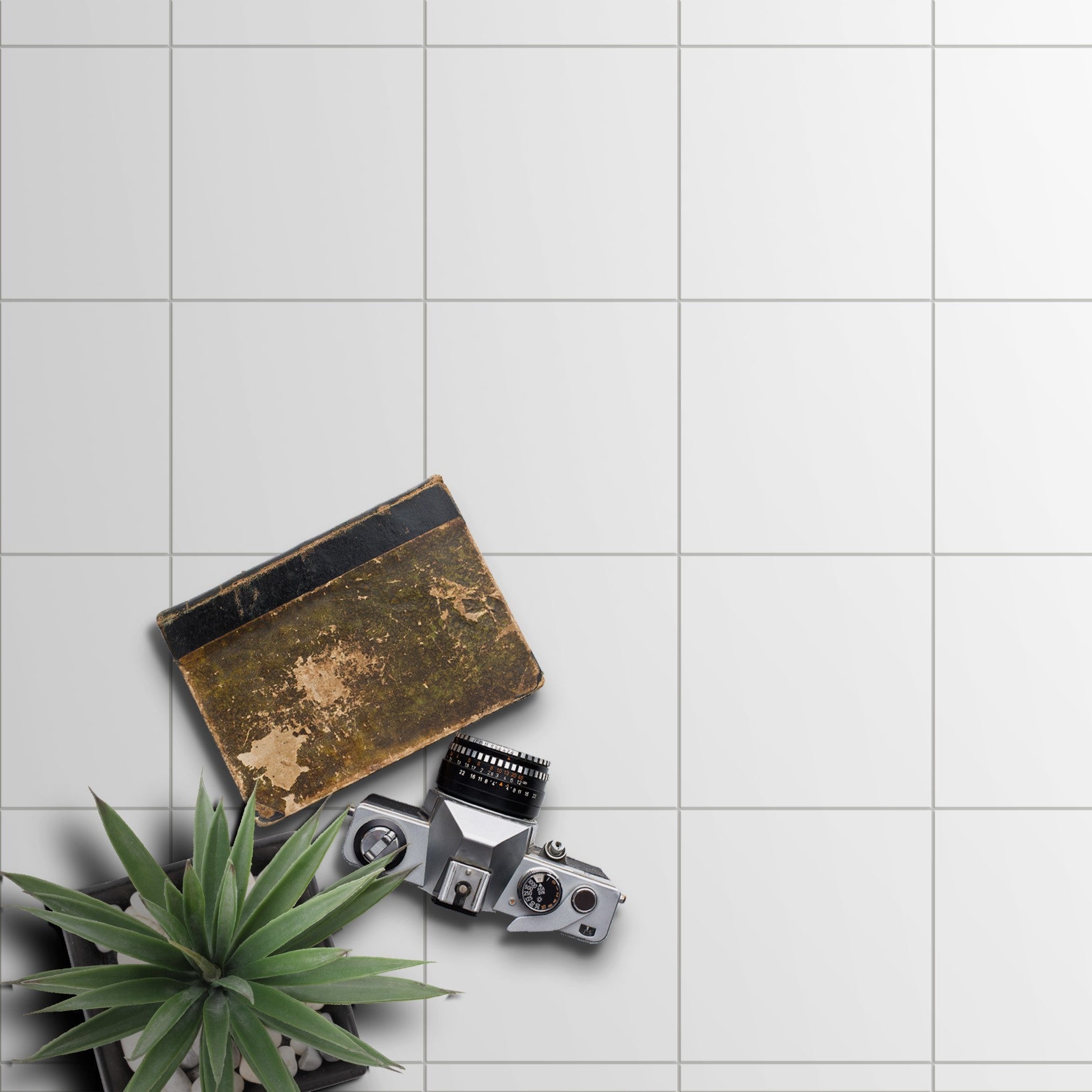 A top view of white base tiles with a patterned tile sample, a plant, and a camera placed on the tiles, indicating a setting for home decor.
