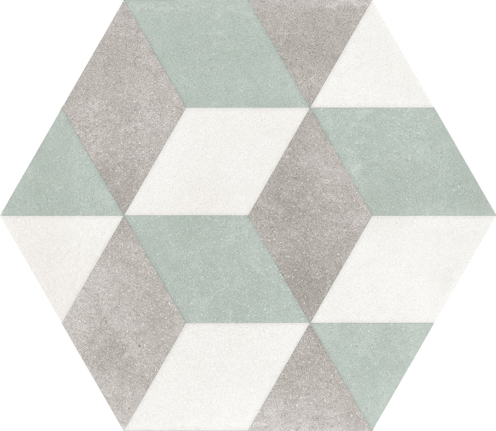 Hexagonal tile with geometric pattern in mint, grey & white