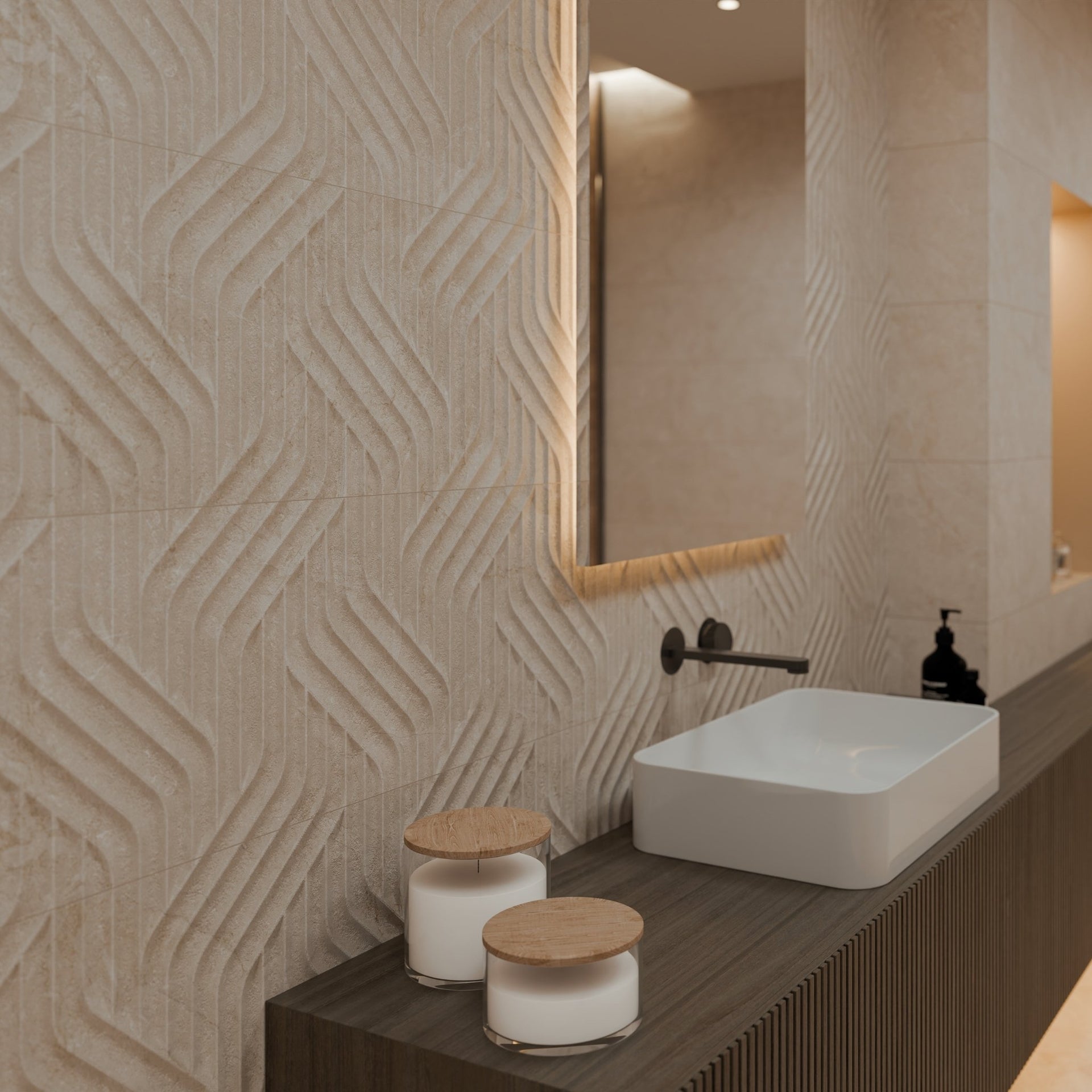 Bathroom with Pensford sand beige wave decor textured wall, sink, and decorative jars.