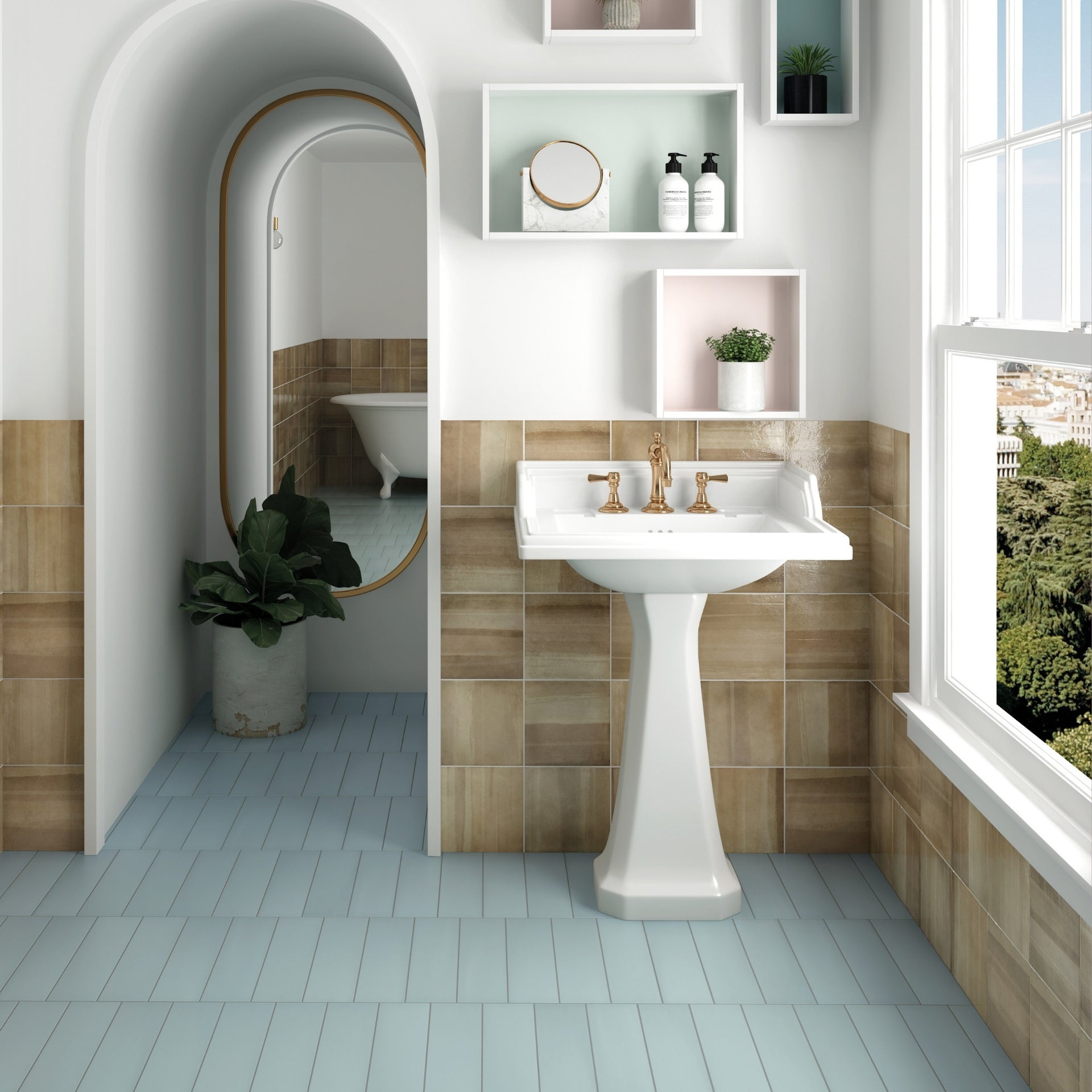 Bathroom interior with a white pedestal sink, light pastel blue metro floor tiles, and a window.