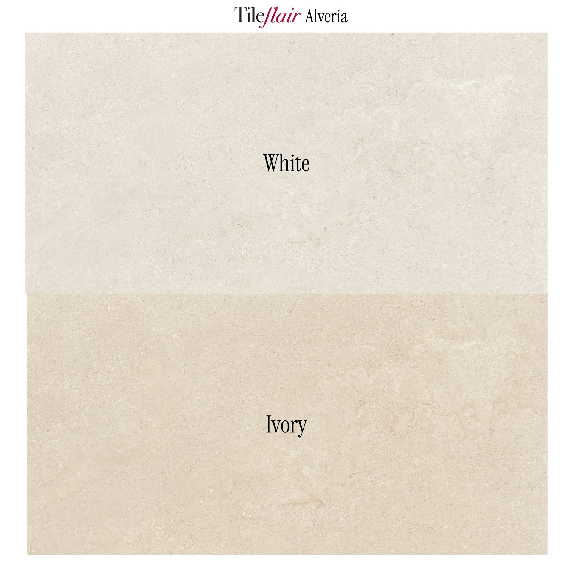 A color swatch comparison for Tileflair Alveria tile showing two textured stone-like samples side by side labeled 'White' and 'Ivory'.