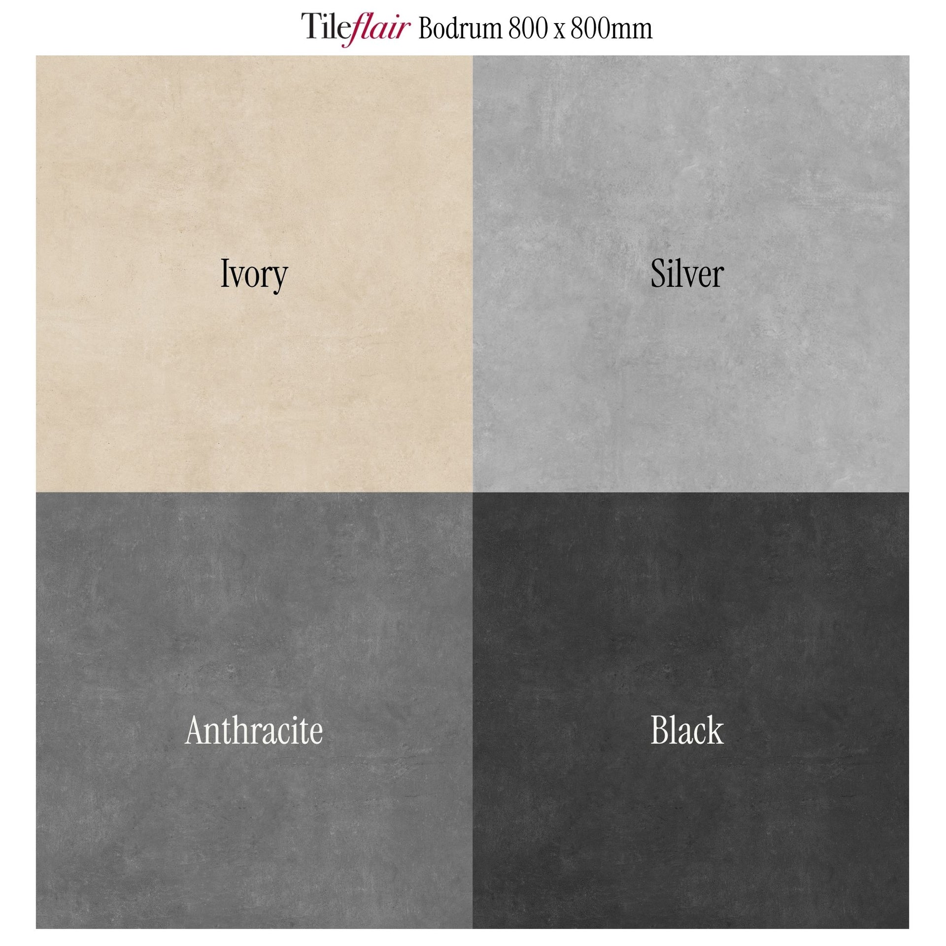 A four-quadrant tile color swatch labeled Tileflair Bodrum 800 x 800mm, showing Ivory in warm beige, Silver in light grey, Anthracite in dark grey, and Black in charcoal.