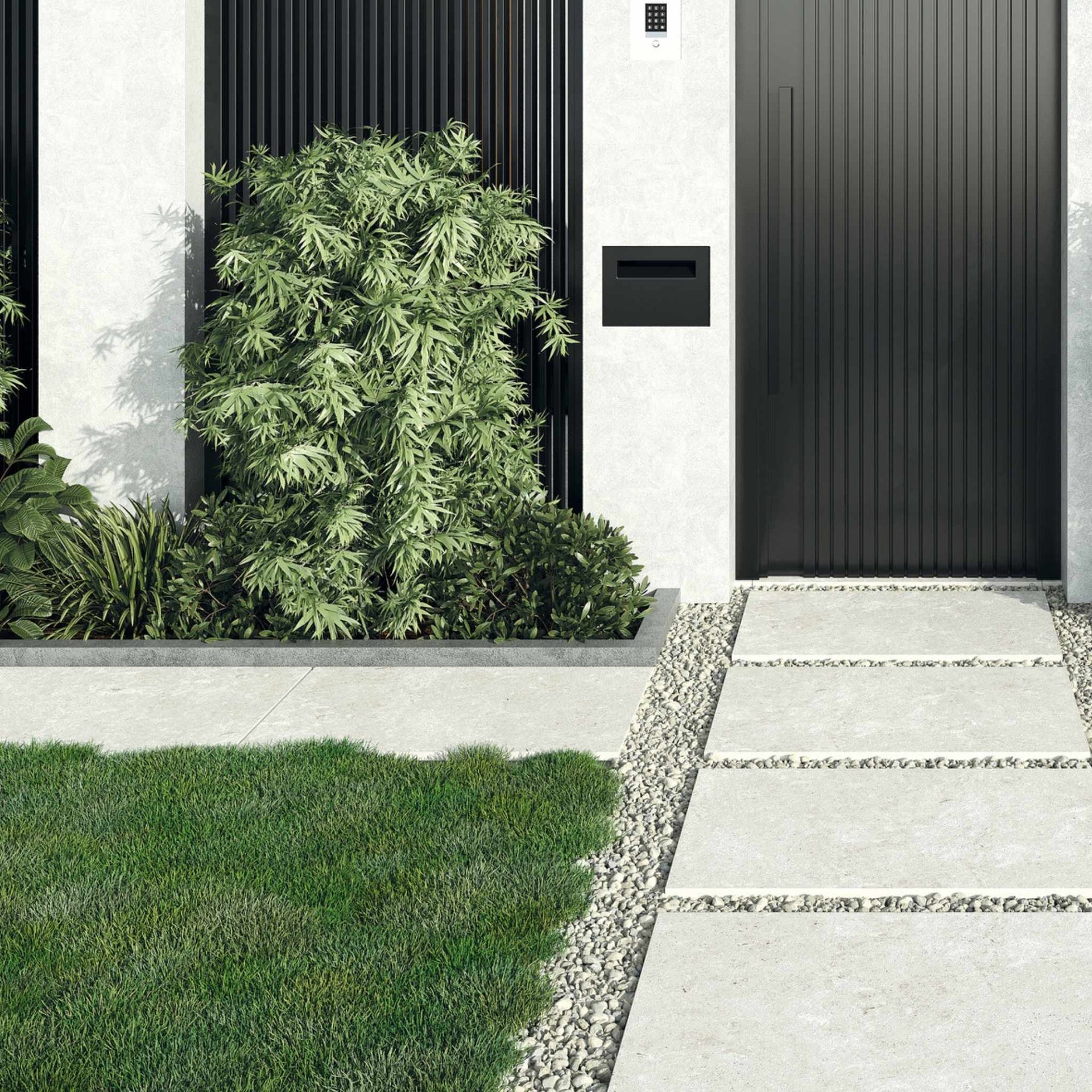 Modern house entrance with black door, plants, a white wall, and Boxford Beige stone-effect floor tiles laid out.