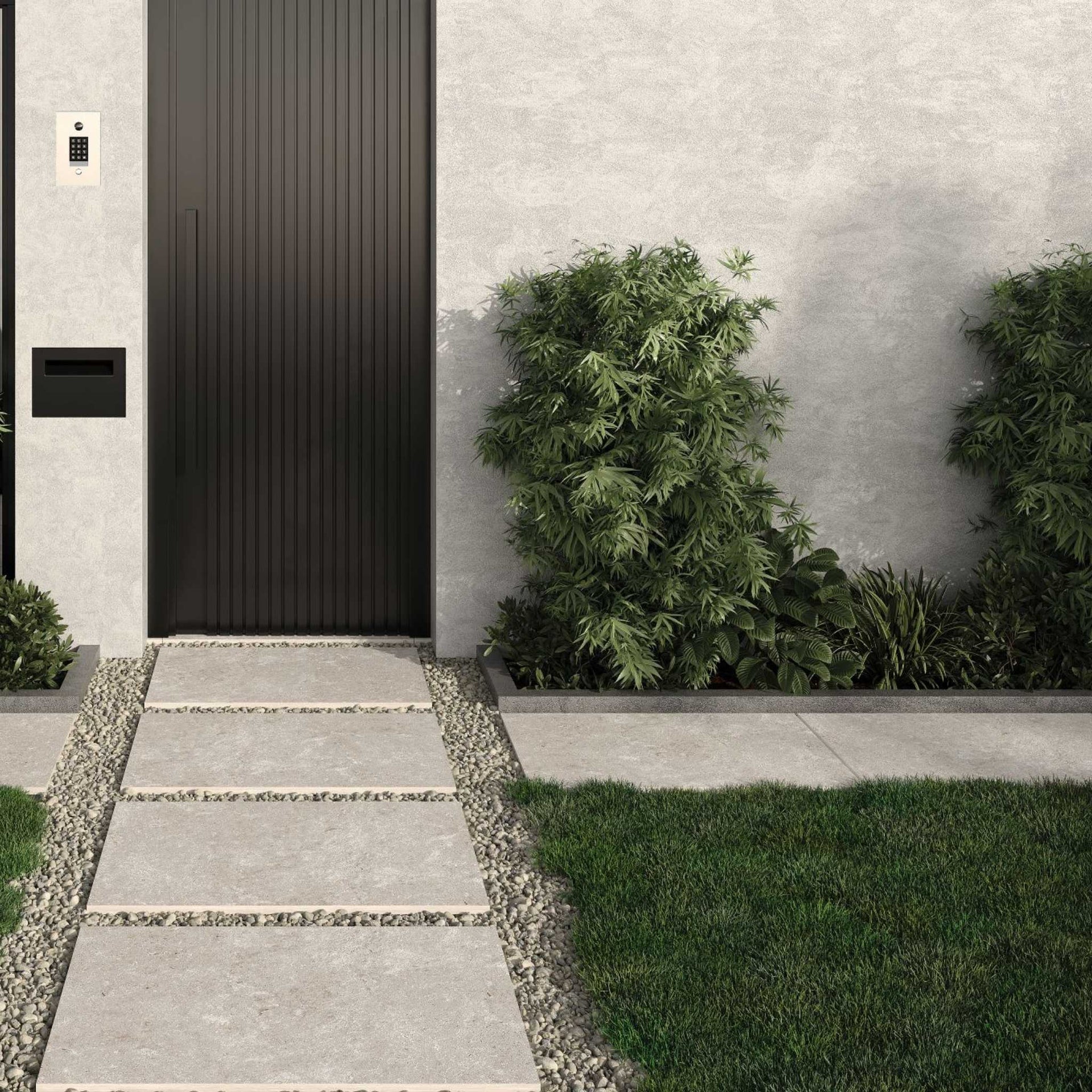 Modern house entrance with black door, plants, a white wall, and Boxford silver stone-effect floor tiles laid out.