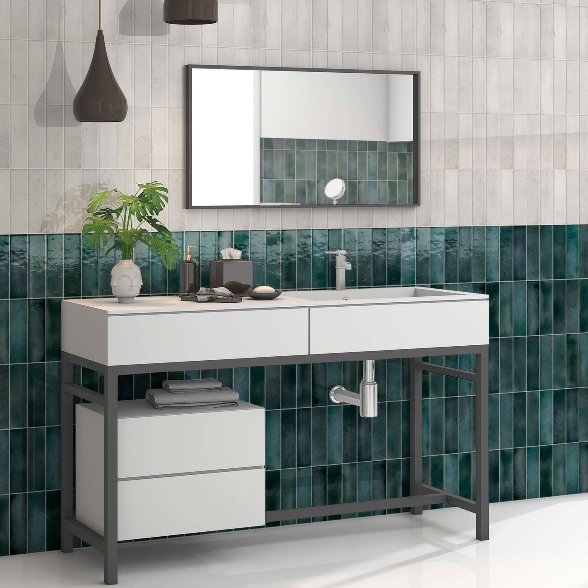 Bathroom vanity with white drawers and grey frame against a sapphire green blue brick tiled wall.