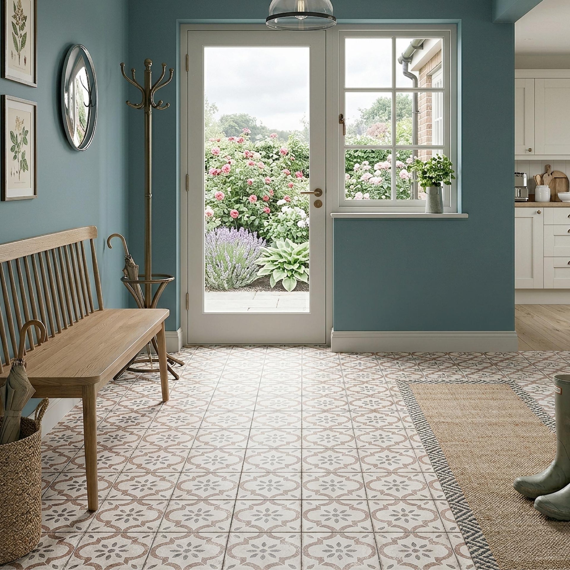 Entryway hallway with Classique terracotta patterned floor tiles, wooden bench, coat rack, and window showcasing outdoor greenery.