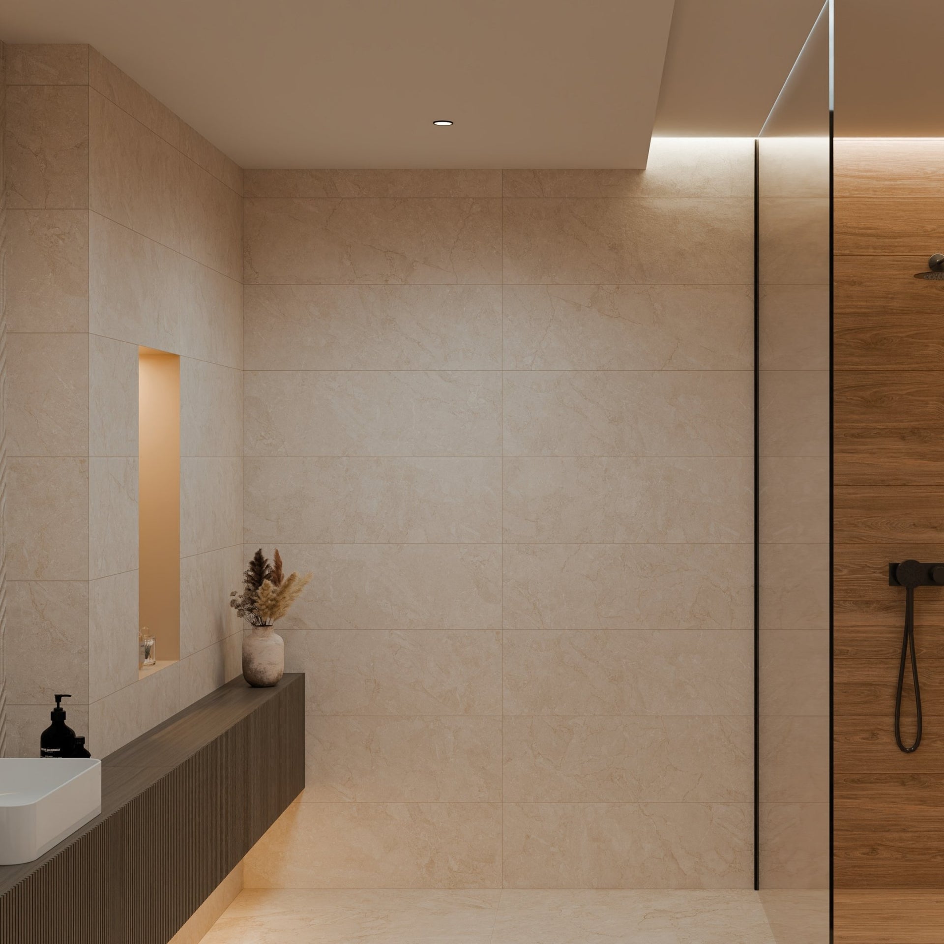 Modern bathroom with Pensford sand beige stone-effect tiles, a sink, and a shower area.