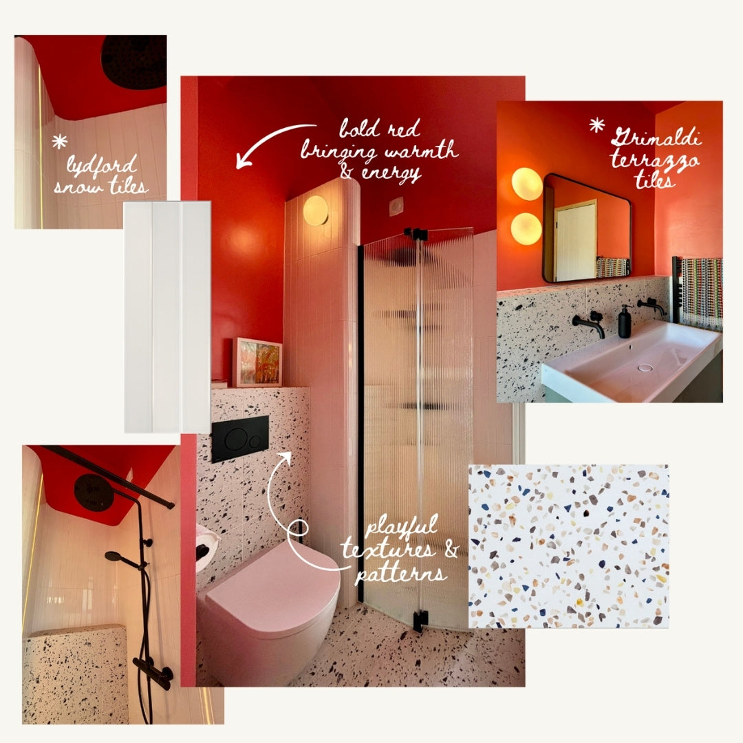 lydford white metro tiles, grimaldi terrazzo patterned tiles, in a bathroom setting, scrapbook collage style