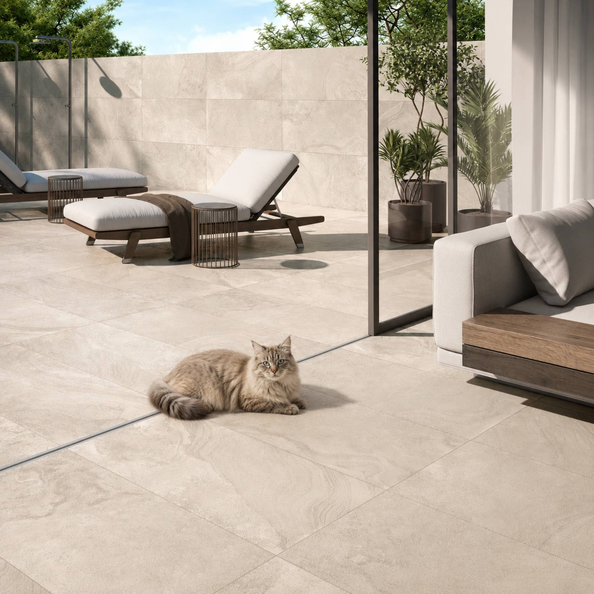 an open plan living and patio with a persian tabby house cat laying on the floor, some lounge chairs and a glass door leading to a garden.