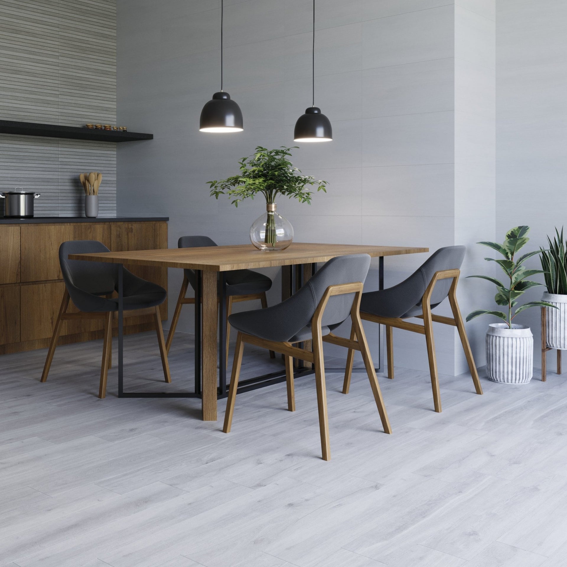 Dining kitchen area with wooden table and chairs in Holt grey wood-effect floor tiles.