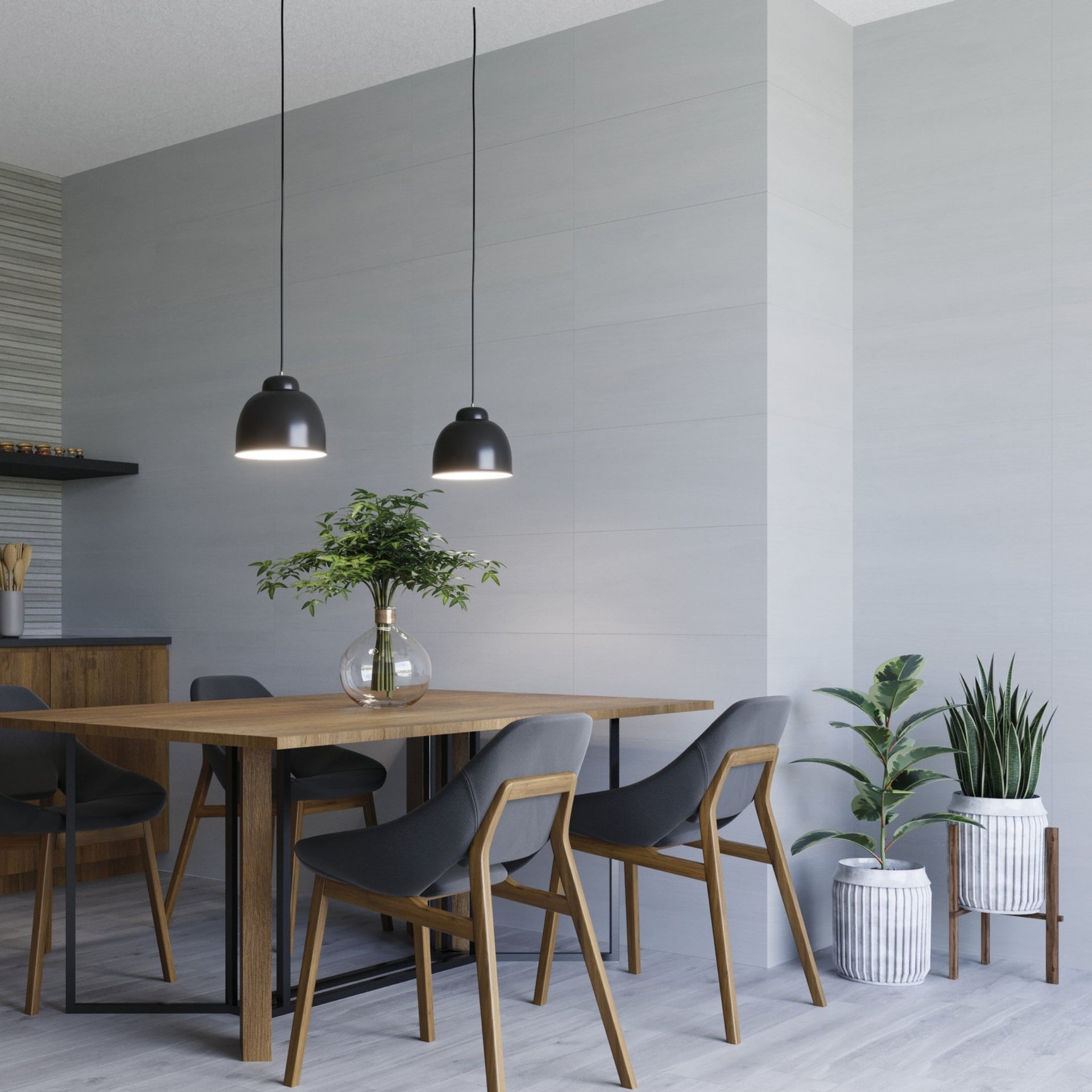 Modern dining area with wooden table, grey chairs, pendant lights and white holt blanco wall tiles.
