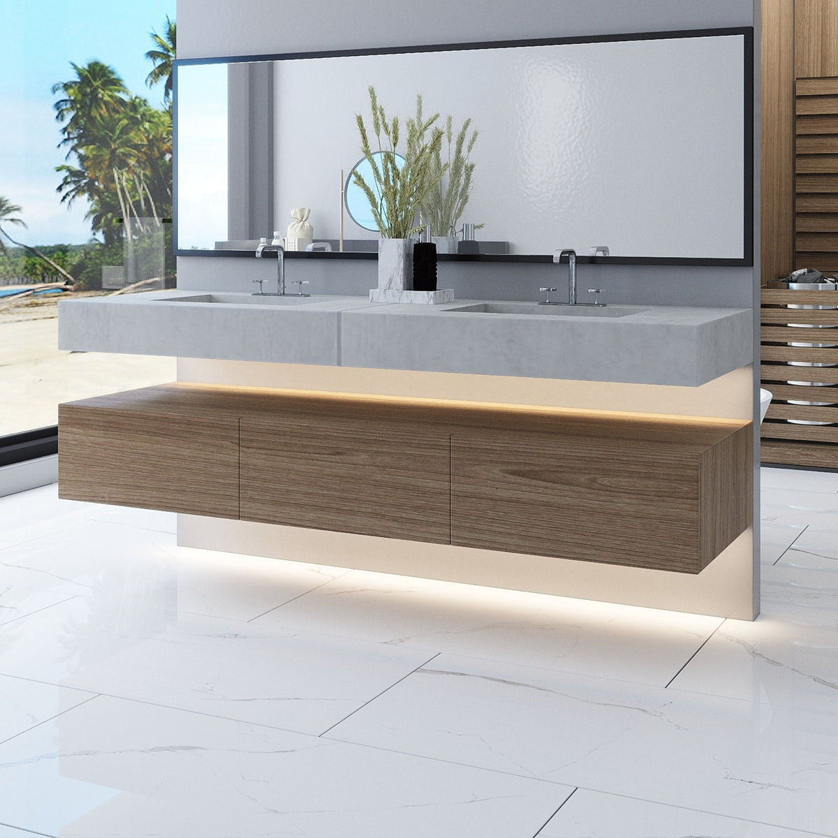 A modern floating double-sink bathroom vanity with a light grey stone countertop, wood-grain cabinet doors, and under-cabinet LED lighting, with white subtle marble effect polished tiles, set in a bright bathroom with a large mirror and a view of trees outside.