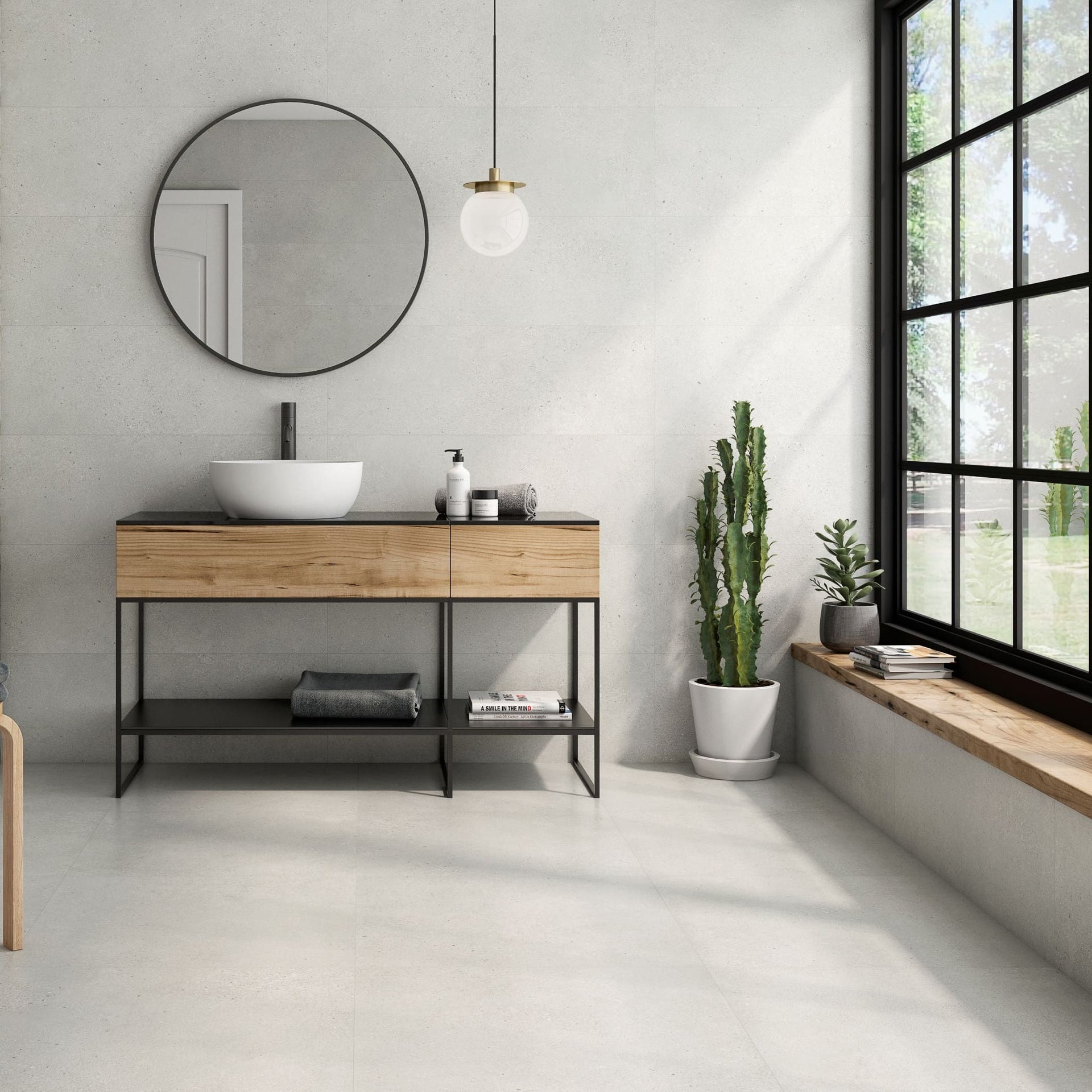 Modern bathroom with wooden vanity, round mirror, and large window. layout-bathroom