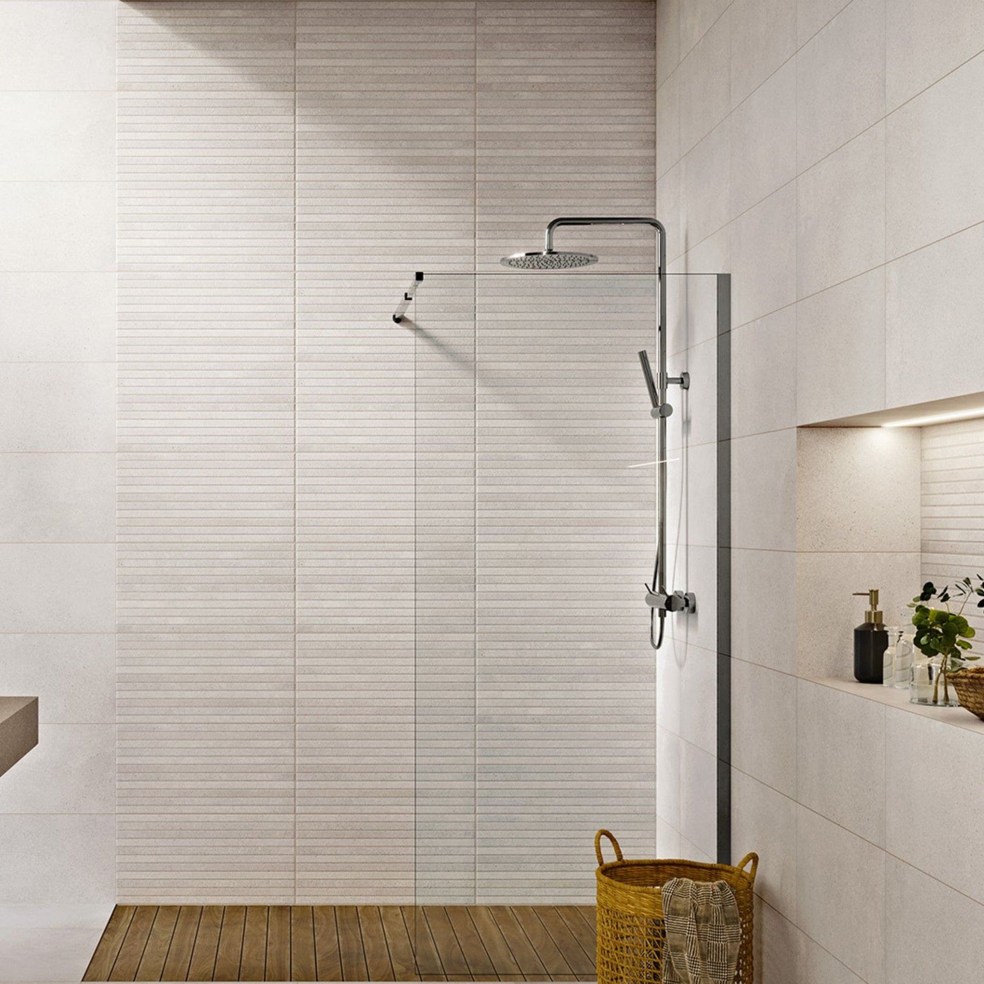 cream striped decorative stone effect wall tiles, on a modern shower setup with glass enclosure, shower head, and wooden floor.