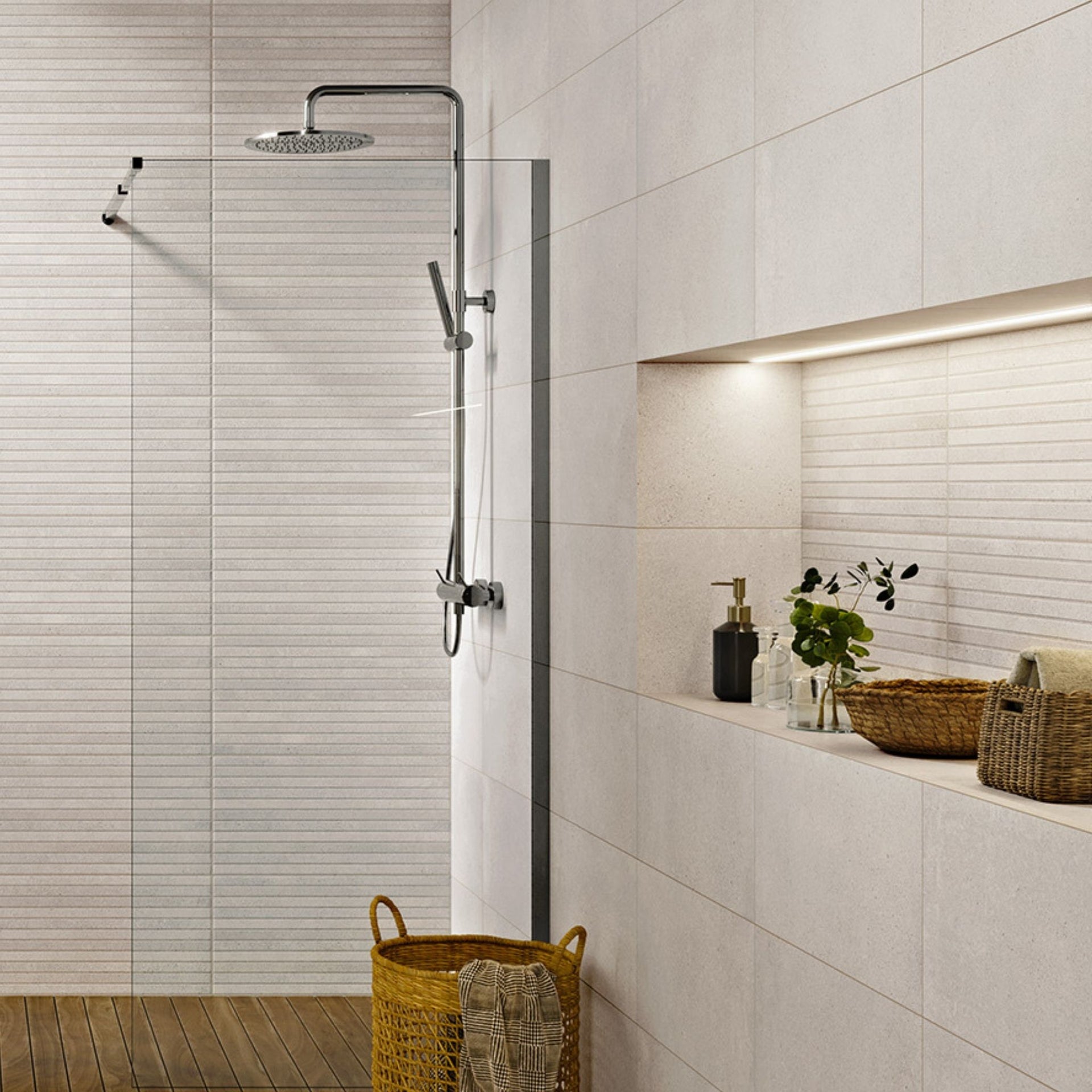 cream stone effect wall tiles on modern bathroom with shower setup and decorative elements