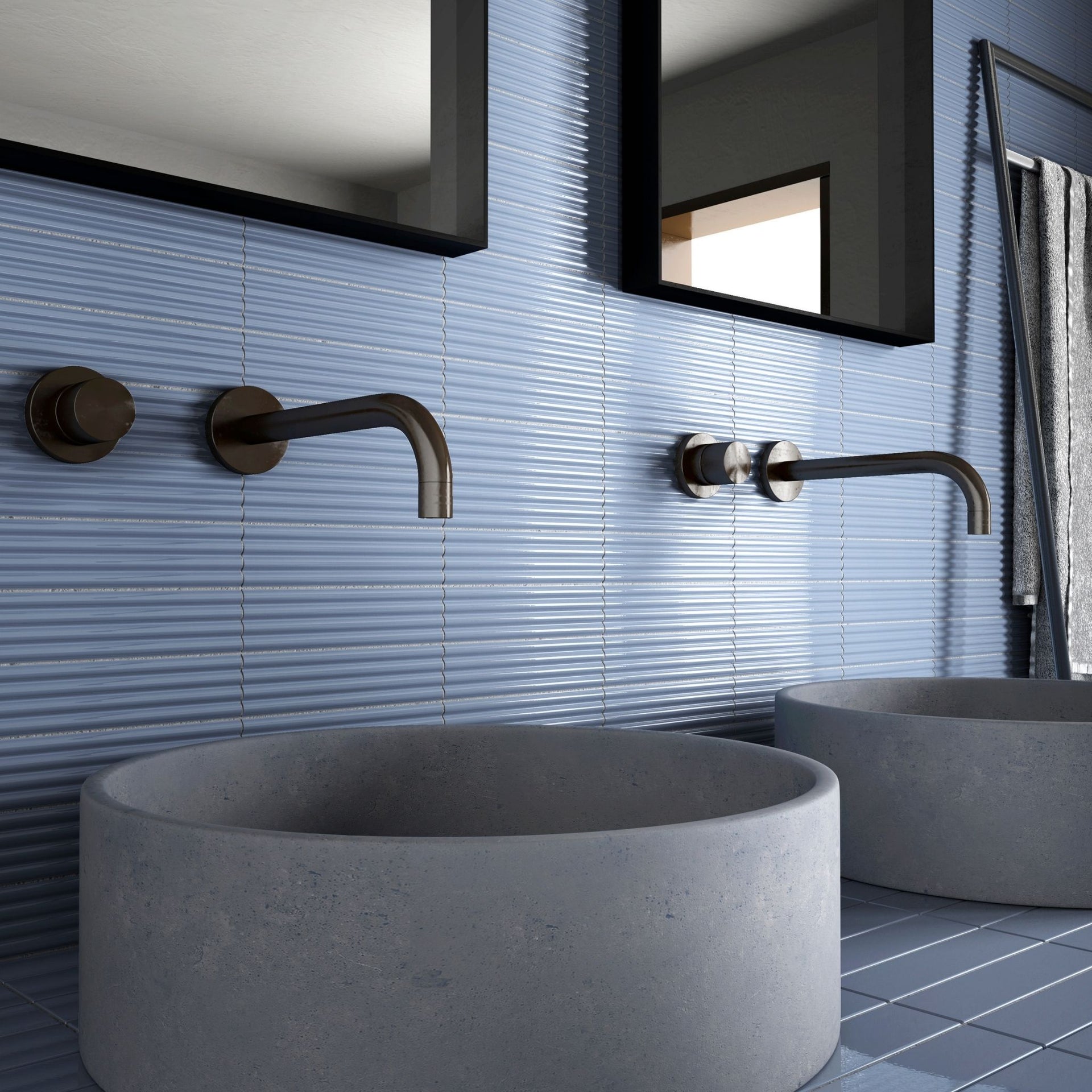 bathroom vanity with Moledo blue fluted tile backsplash, steel black hardware, stone sinks.

layout-bathroom