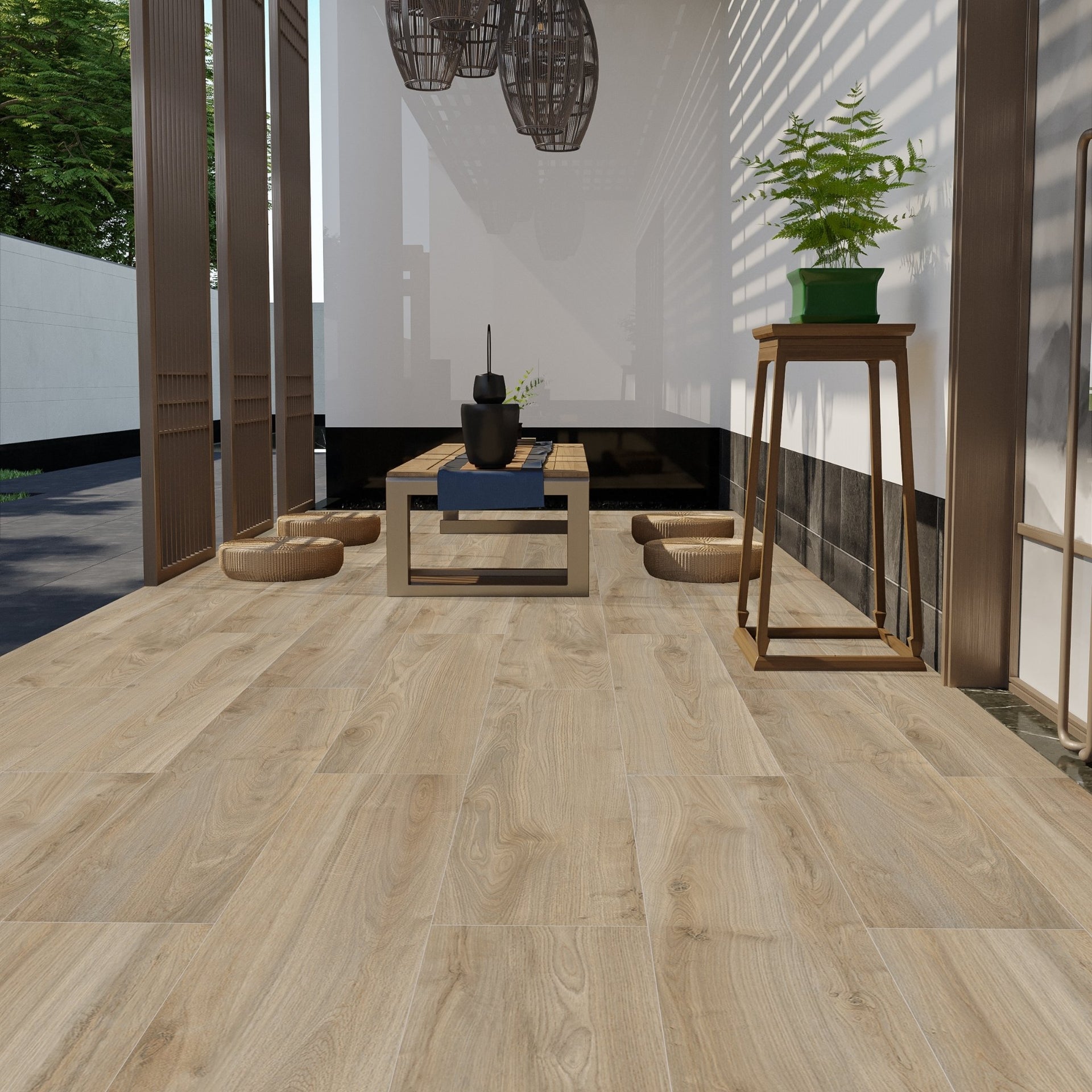 Nantucket brown wood-effect flooring with a modern interior setting, including a table and plants.