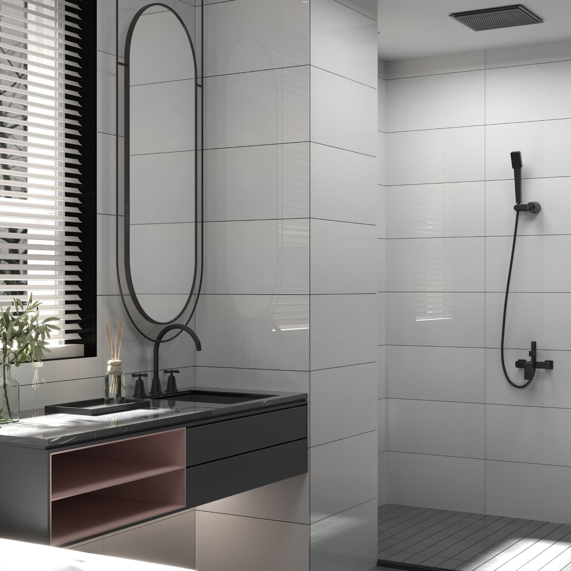 Modern bathroom with white new blancos tiles, a sink, and shower area.