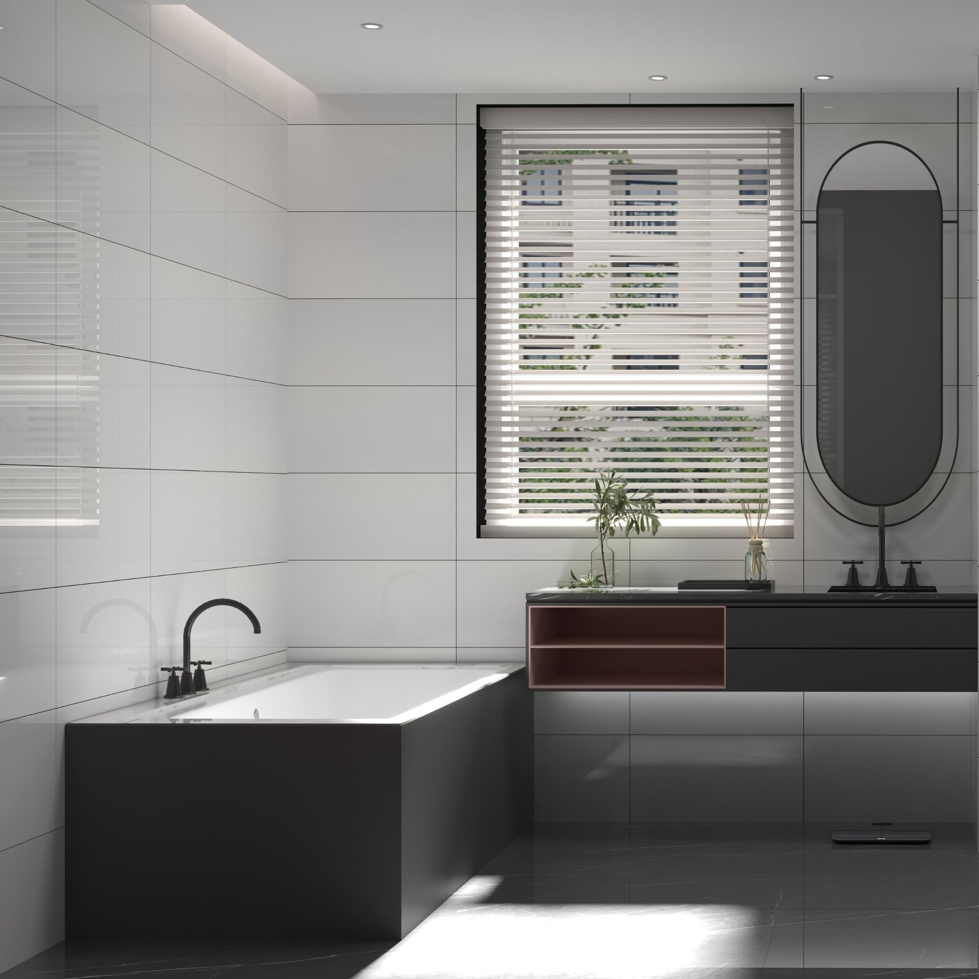 Modern bathroom with white new blancos wall tiles, a bathtub, sink, and window with blinds.

layout-bathroom