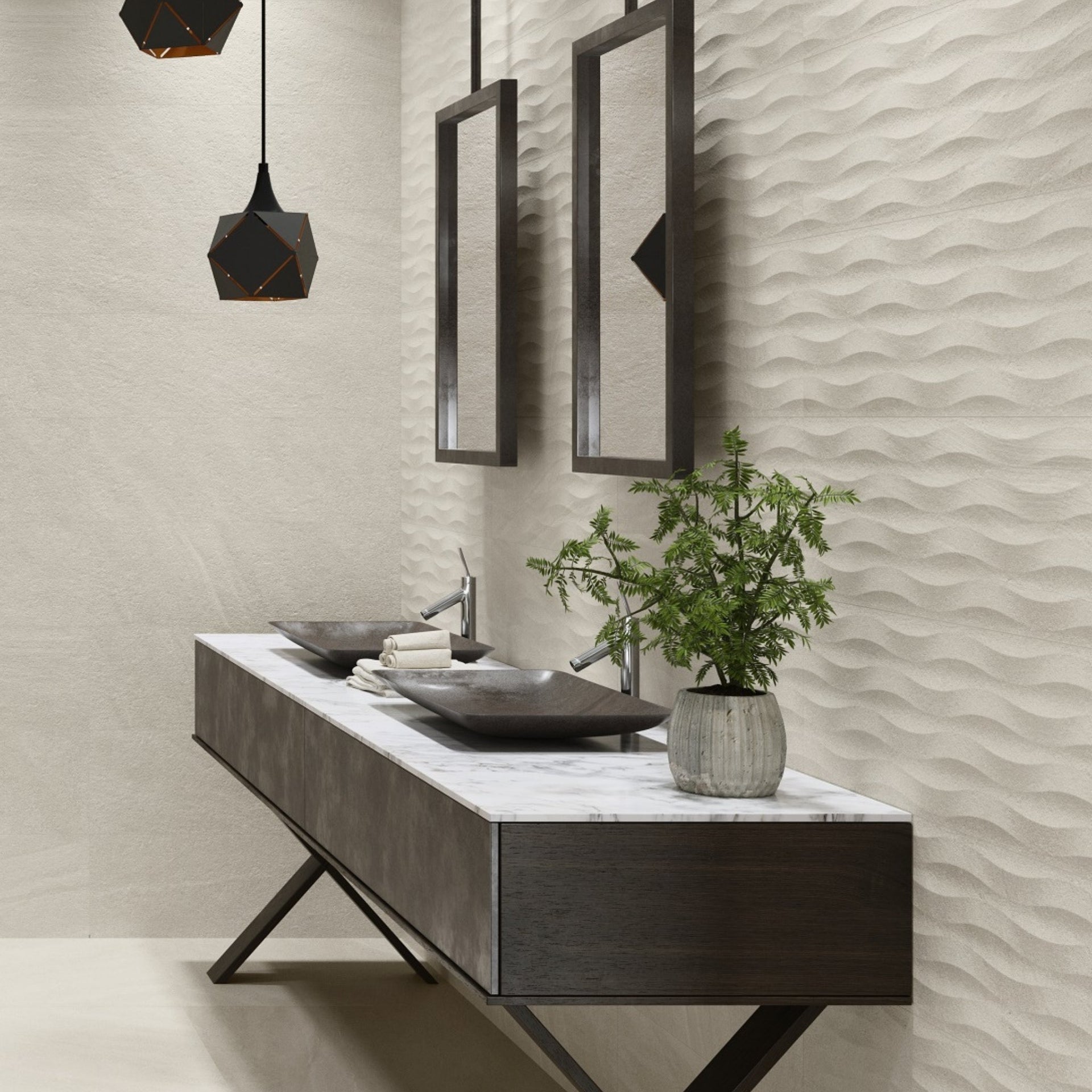bathroom vanity with sink and mirrors on New York tiled cream wave decorative wall tiles.