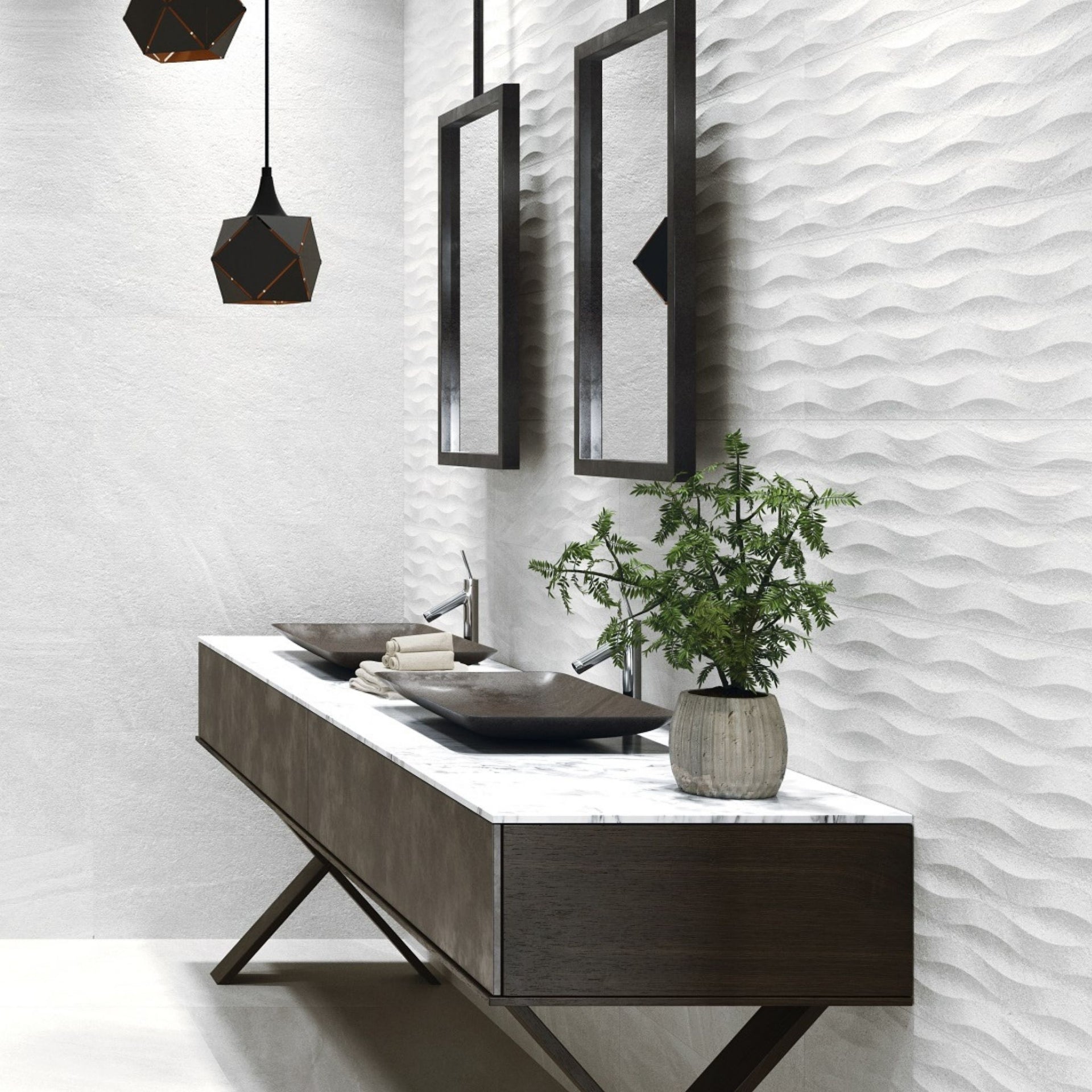 bathroom vanity with sink and mirrors on New York white wave decorative wall tiles.