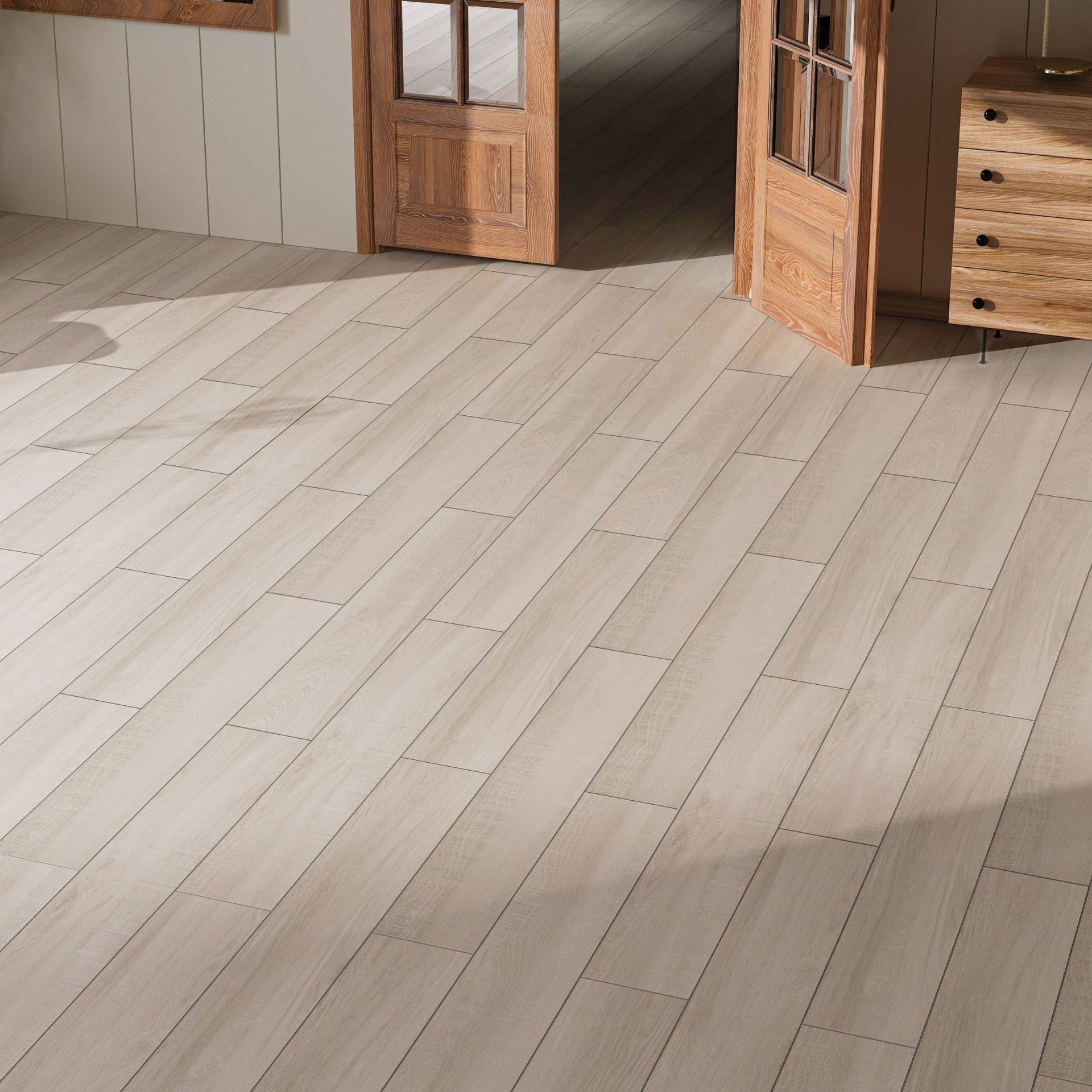 kitchen or living space with wood-effect natural colour floor tiles in brick pattern