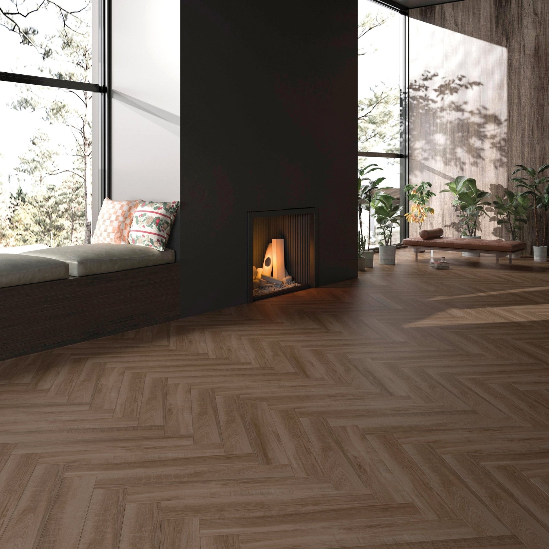 Modern living space or lounge with ordu oak brown wood-effec floor tiles, fireplace, and large windows.