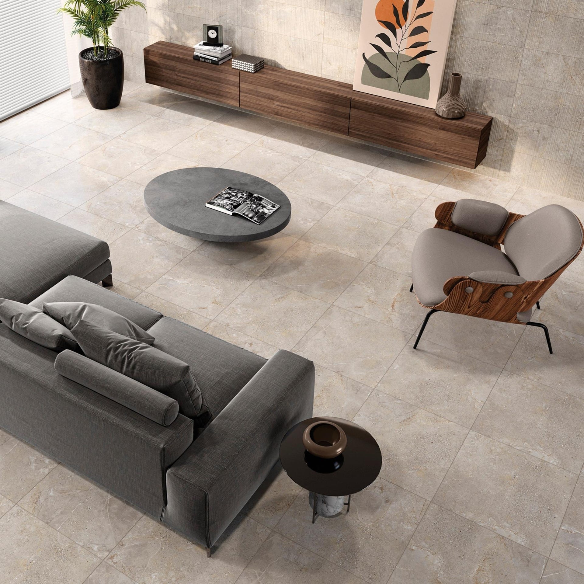 beige grey stone-effect floor tiles on a living room